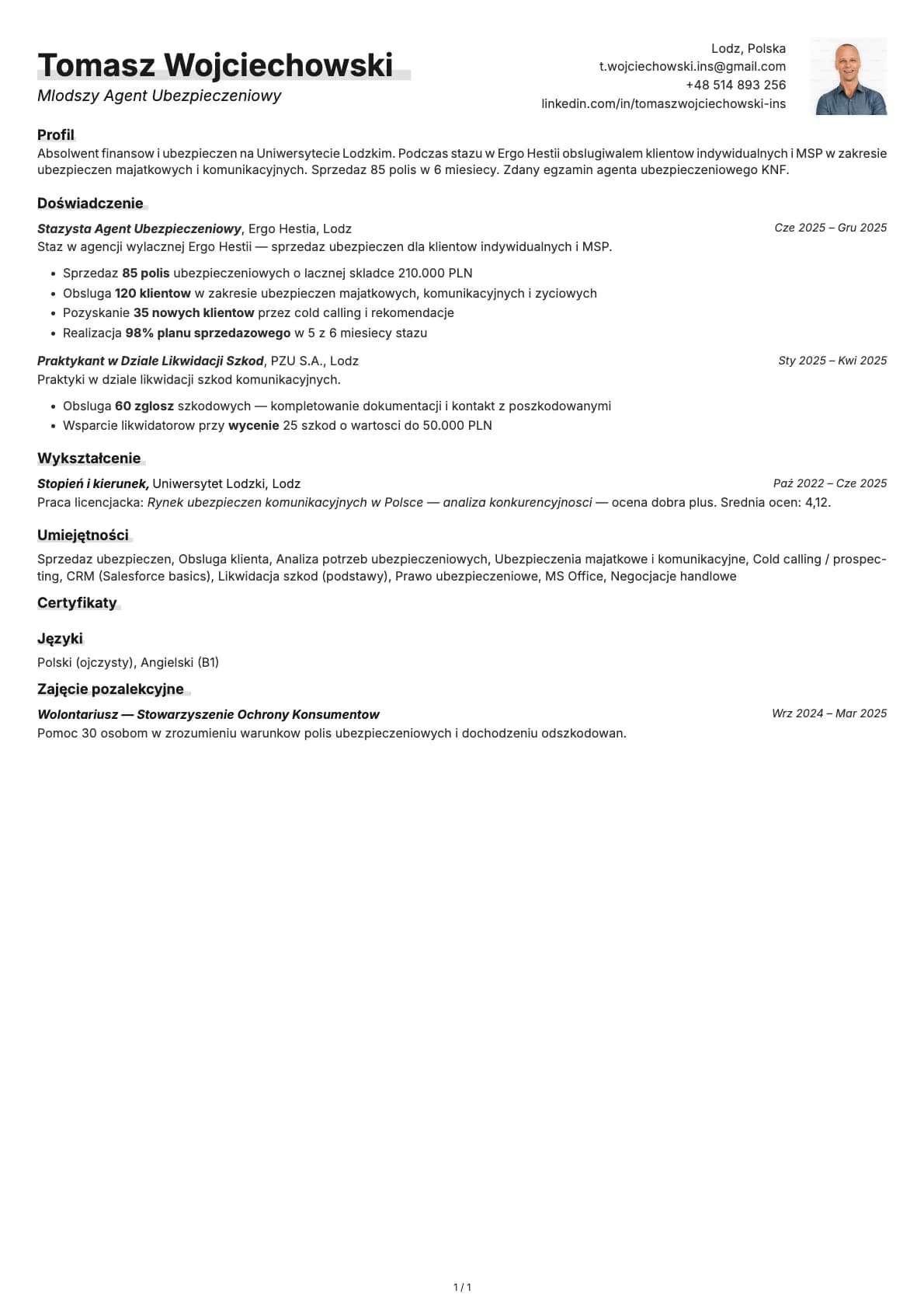 Mlodszy Agent Ubezpieczeniowy resume example