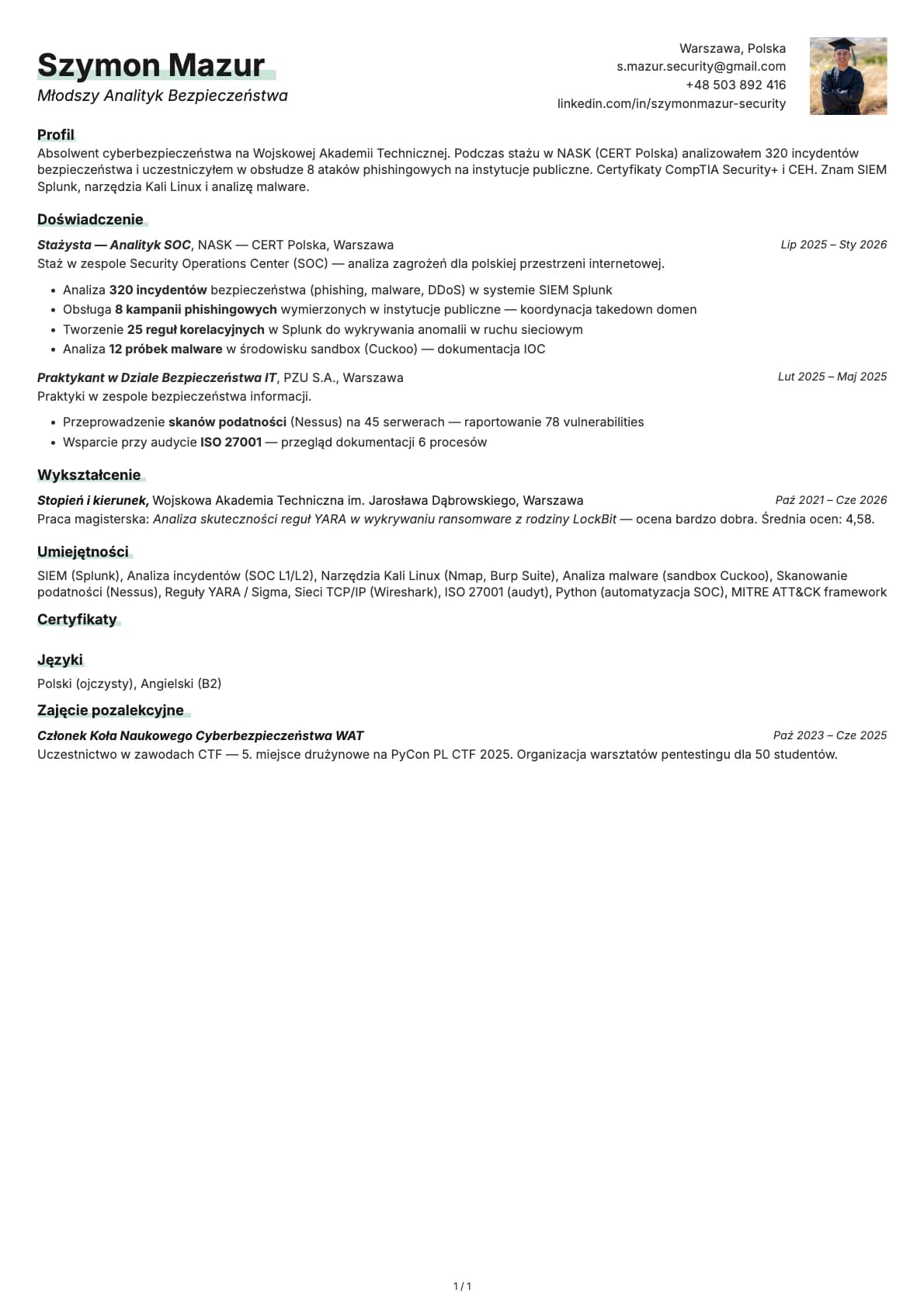 Mlodszy Analityk Bezpieczenstwa resume example