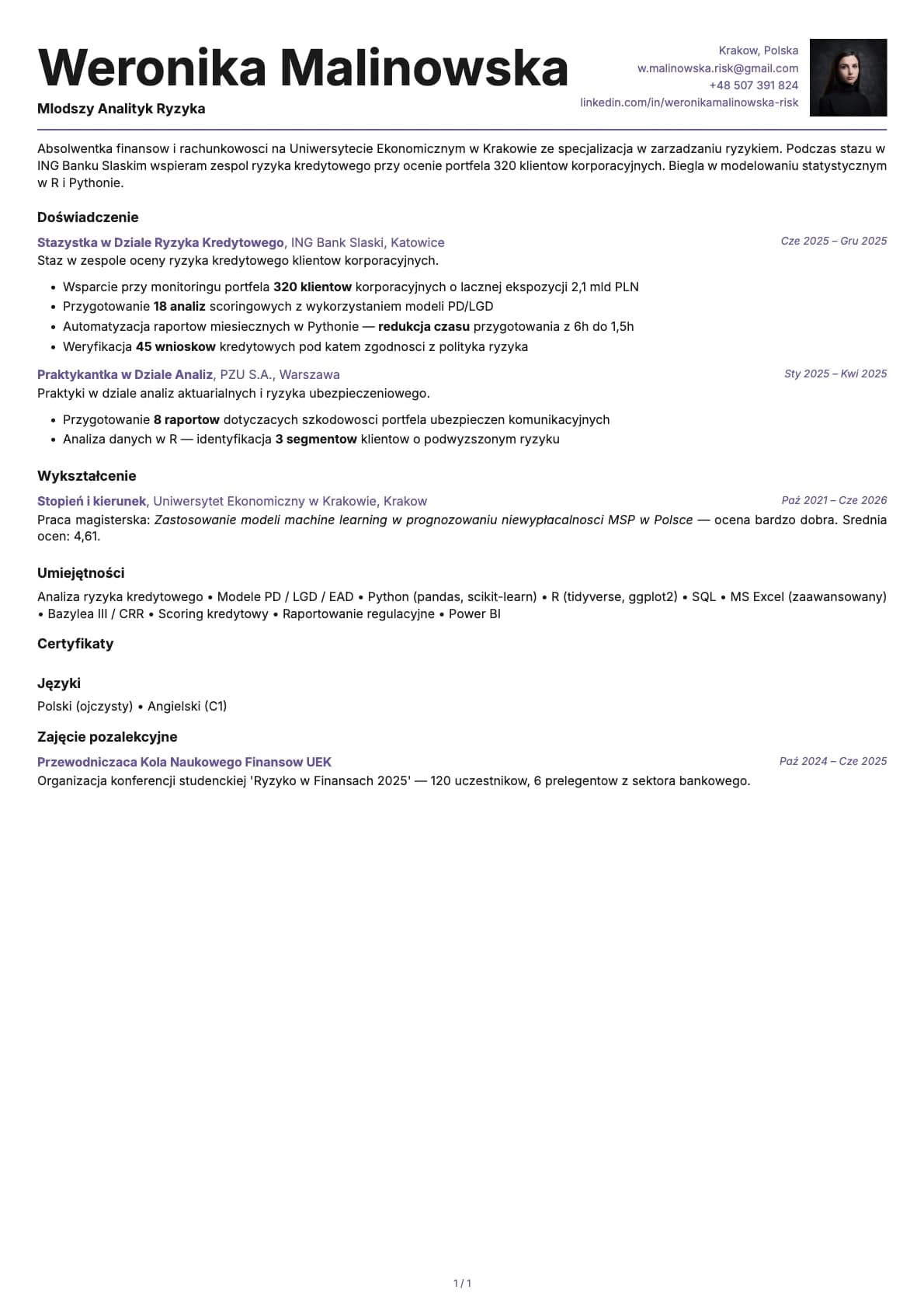 Mlodszy Analityk Ryzyka resume example