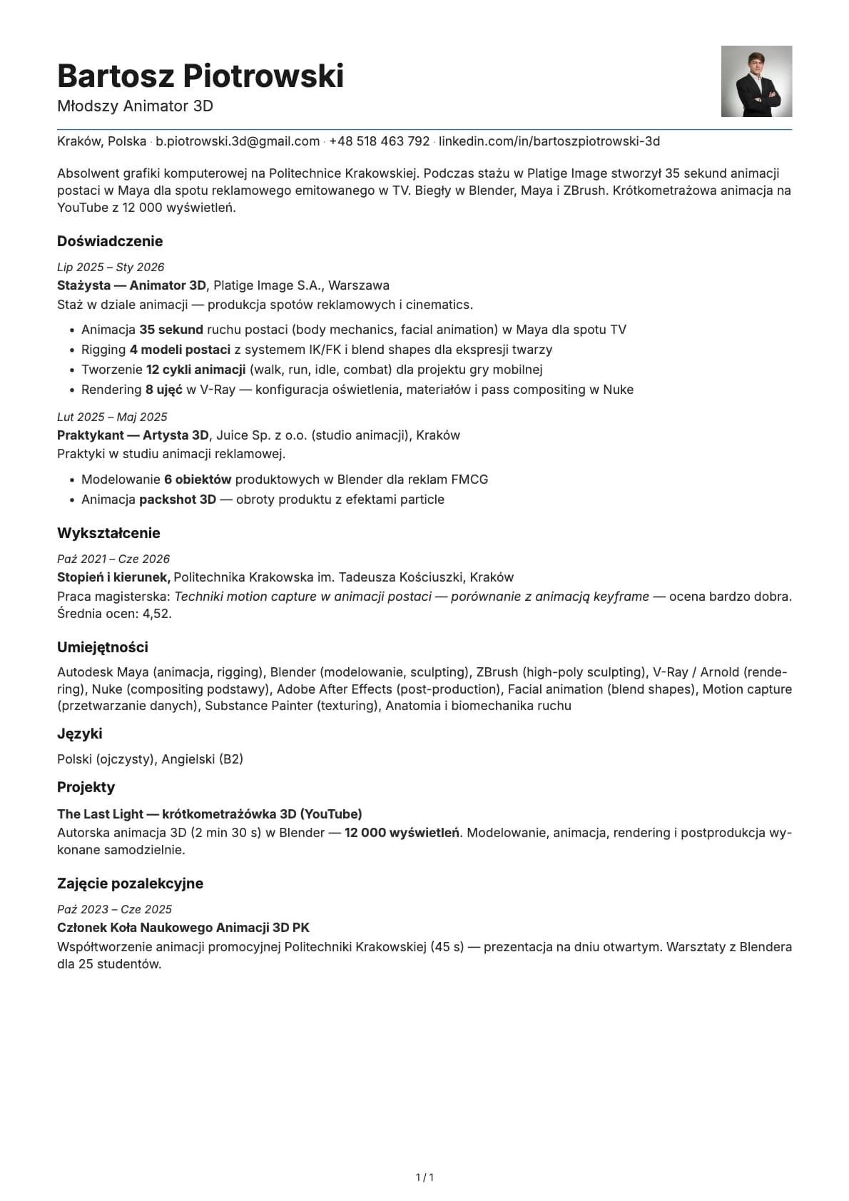 Mlodszy Animator 3D resume example