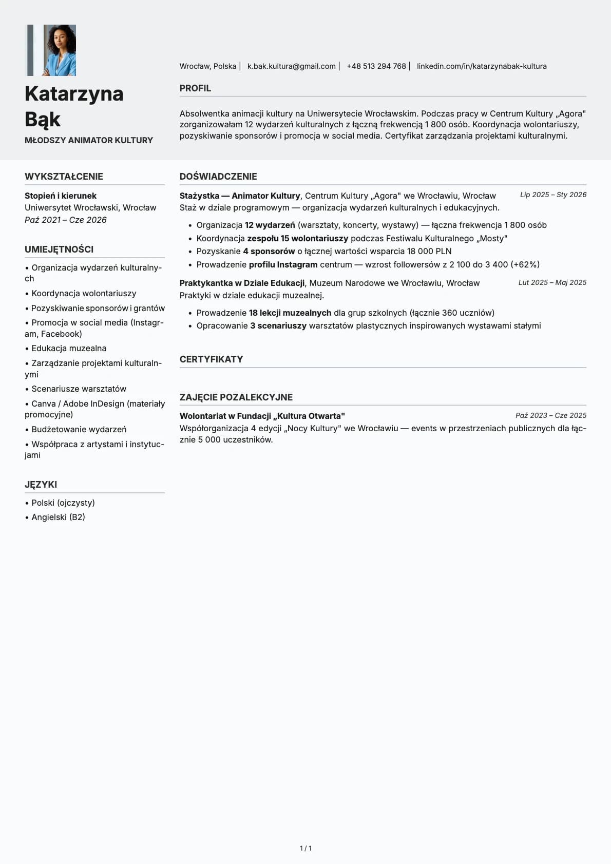 Mlodszy Animator Kultury resume example