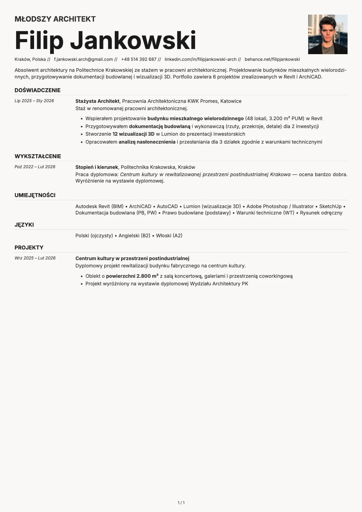 Mlodszy Architekt resume example