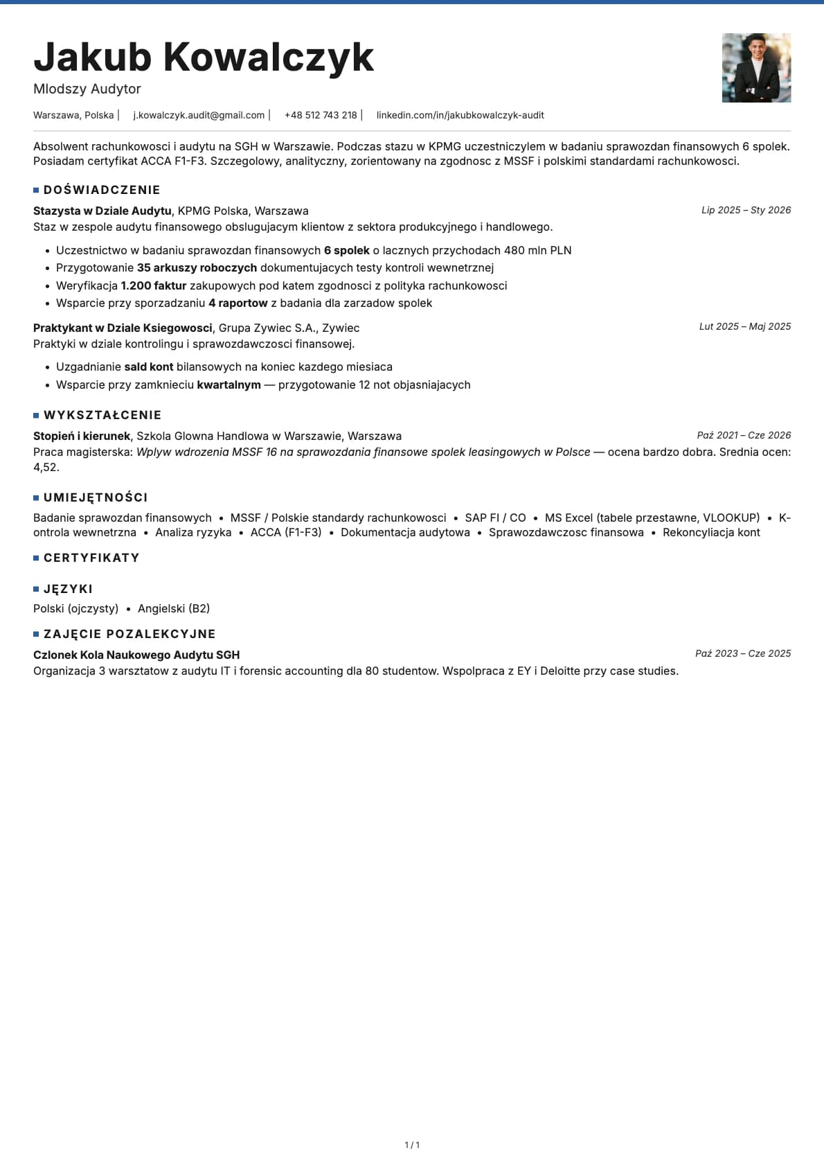 Mlodszy Audytor resume example
