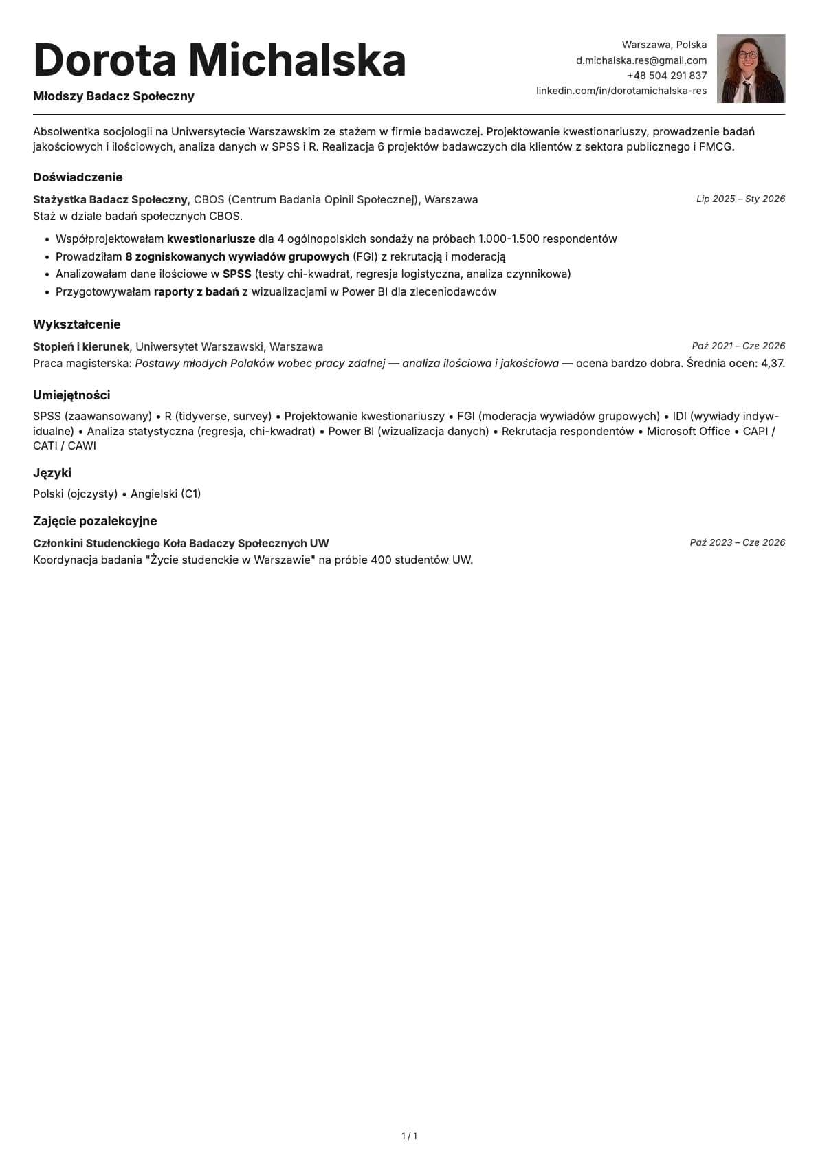 Mlodszy Badacz Spoleczny resume example