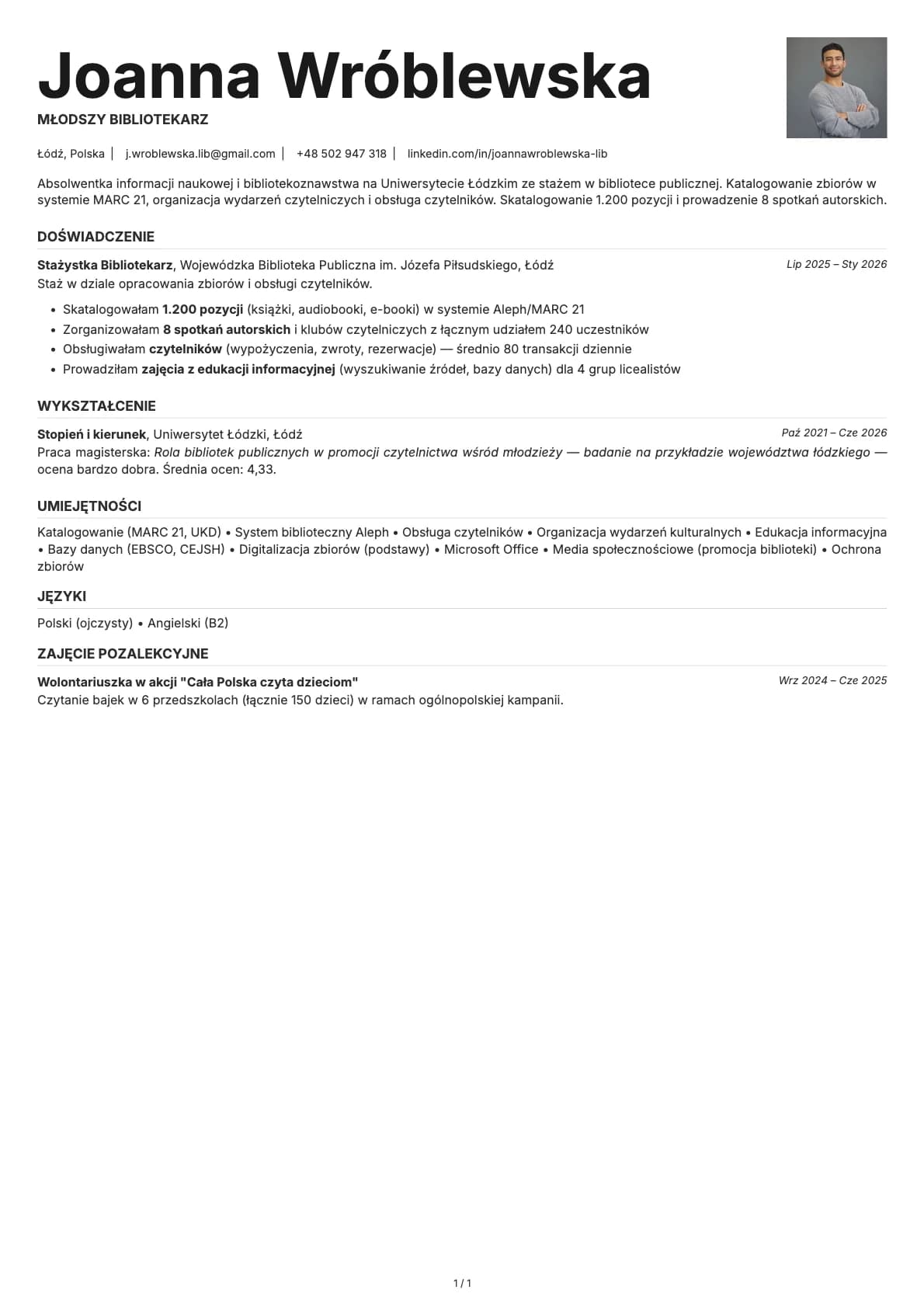 Mlodszy Bibliotekarz resume example