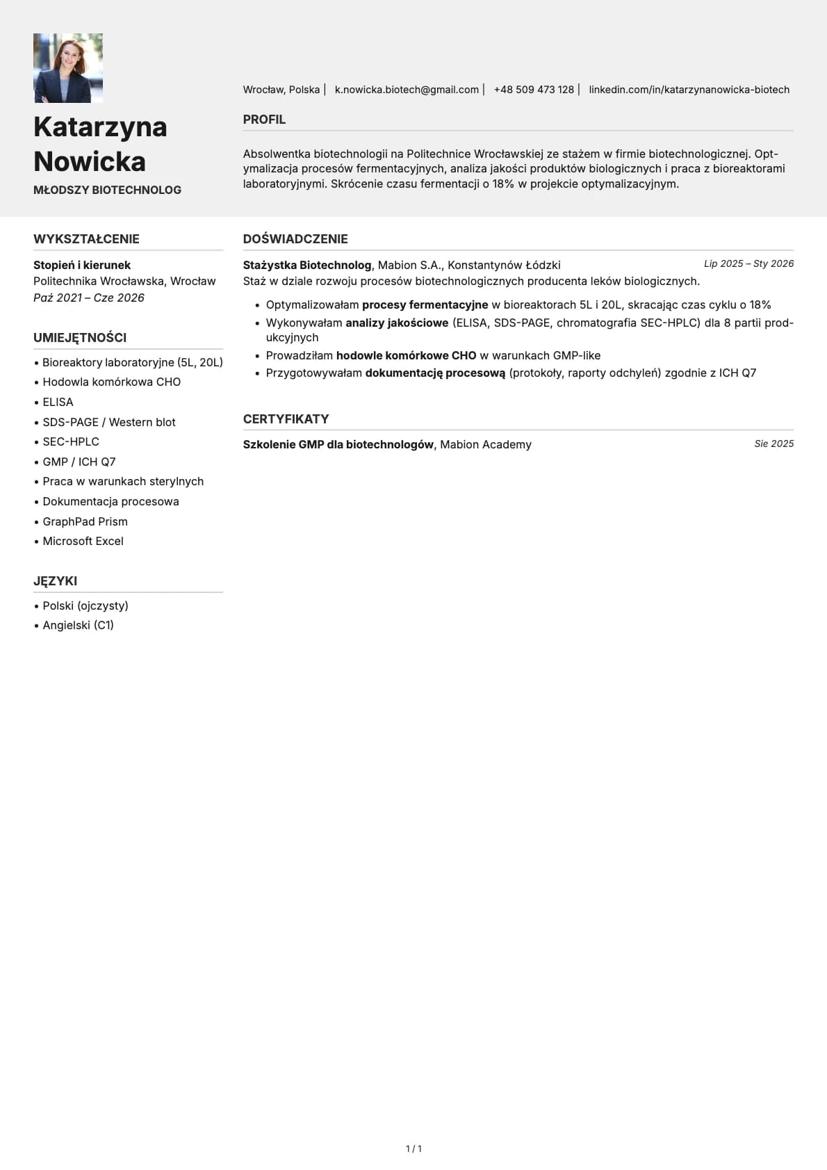 Mlodszy Biotechnolog resume example