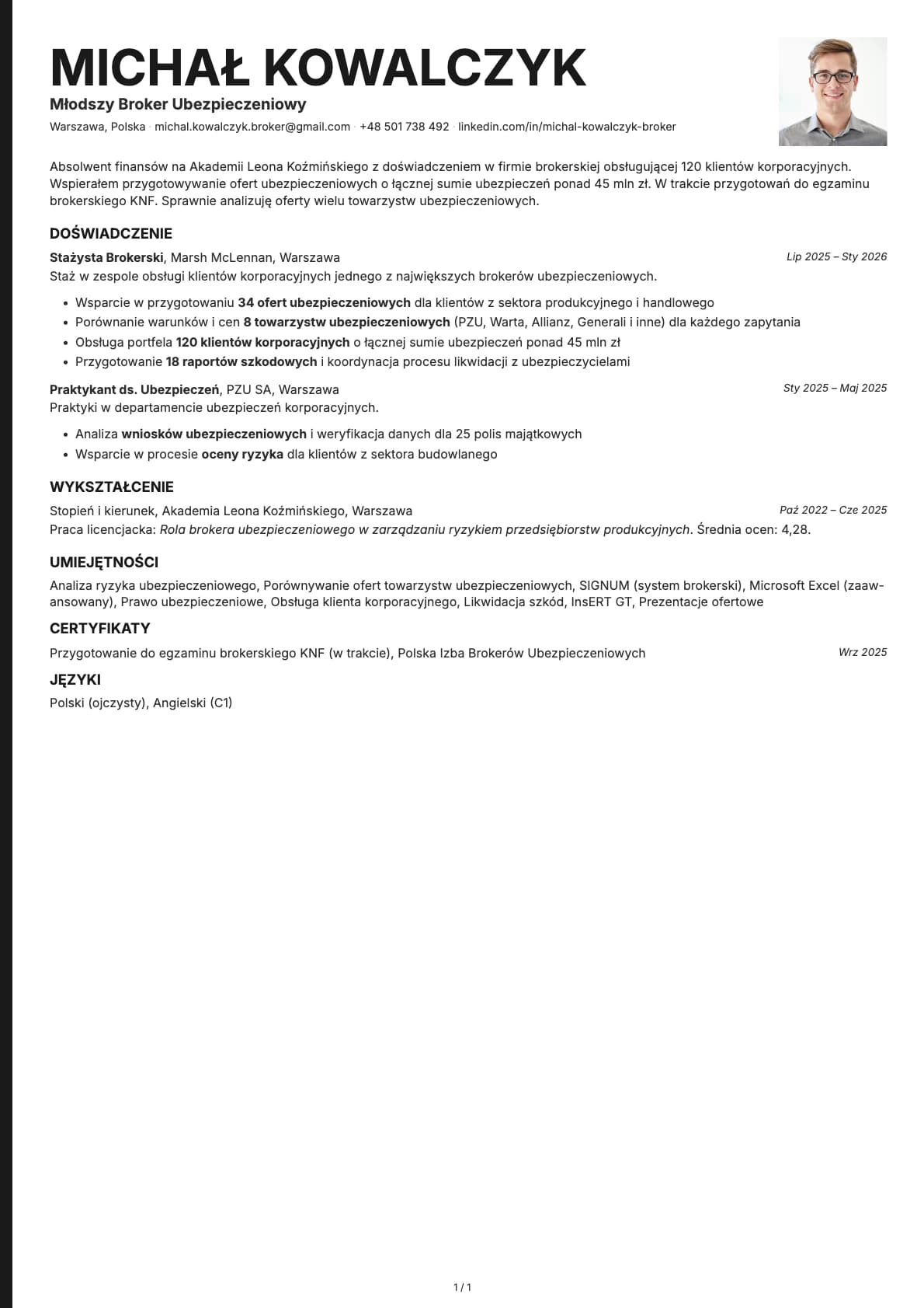 Mlodszy Broker Ubezpieczeniowy resume example