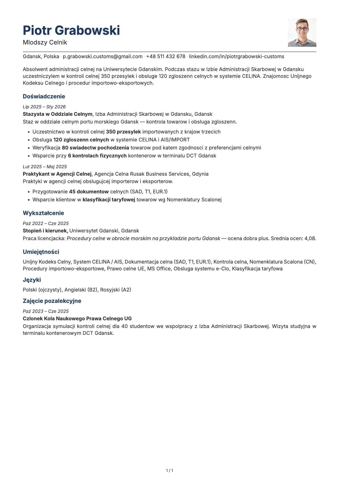 Mlodszy Celnik resume example