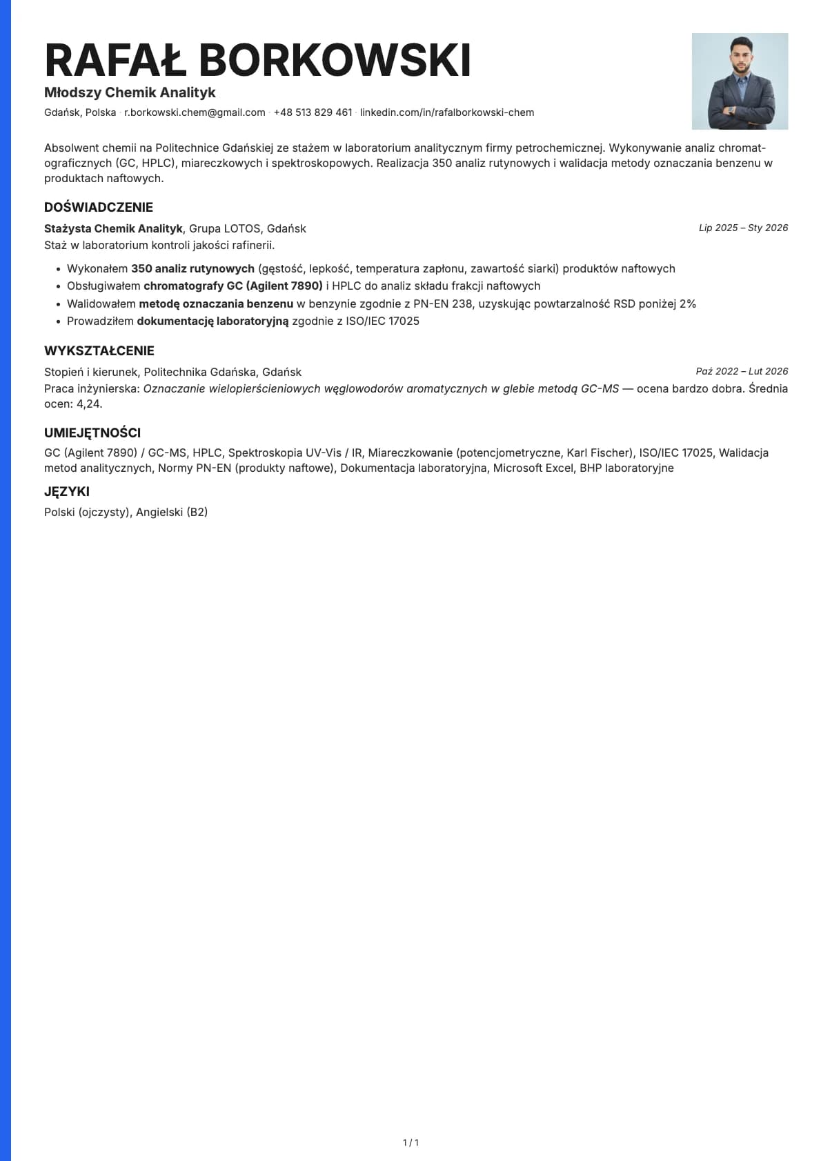Mlodszy Chemik Analityk resume example