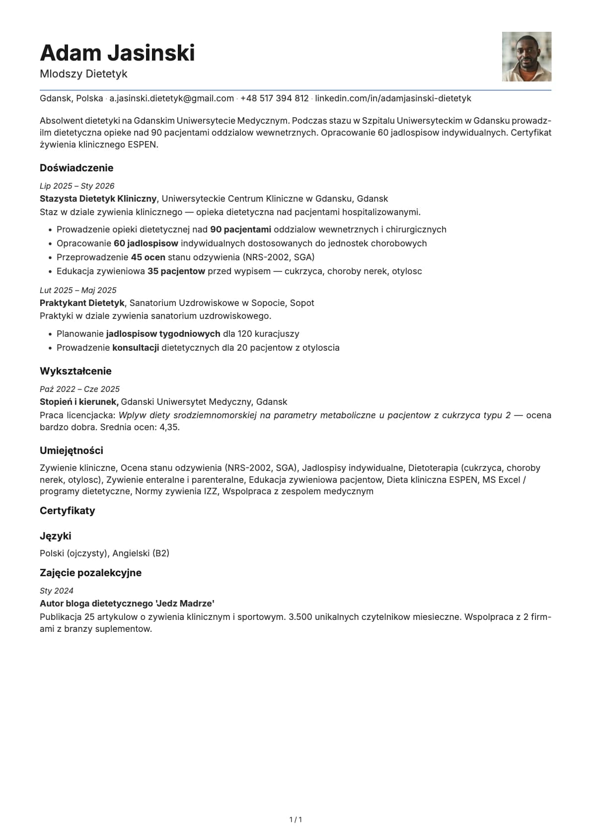 Mlodszy Dietetyk resume example