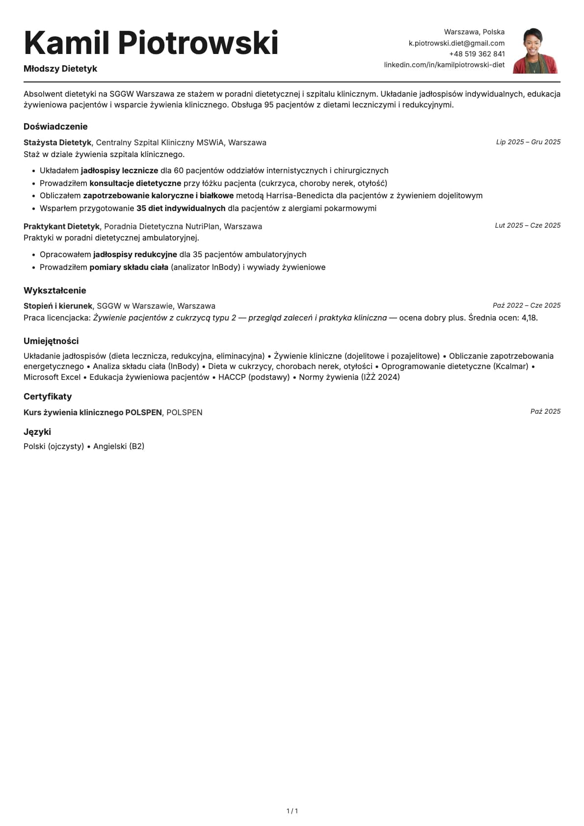 Mlodszy Dietetyk resume example