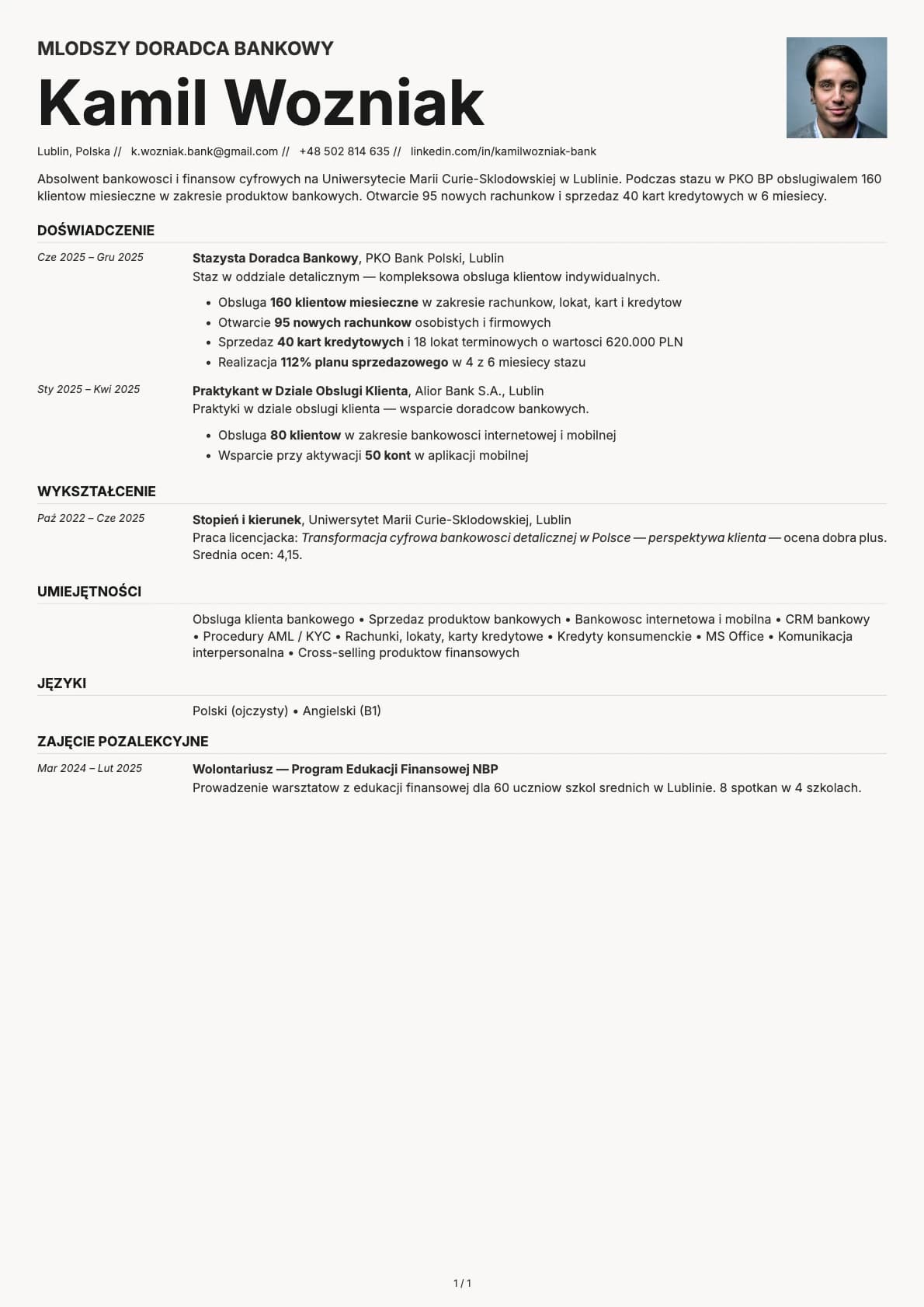 Mlodszy Doradca Bankowy resume example