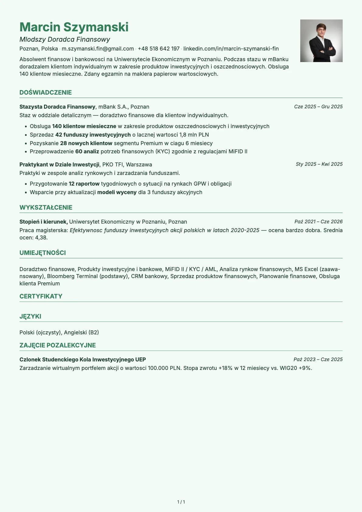 Mlodszy Doradca Finansowy resume example
