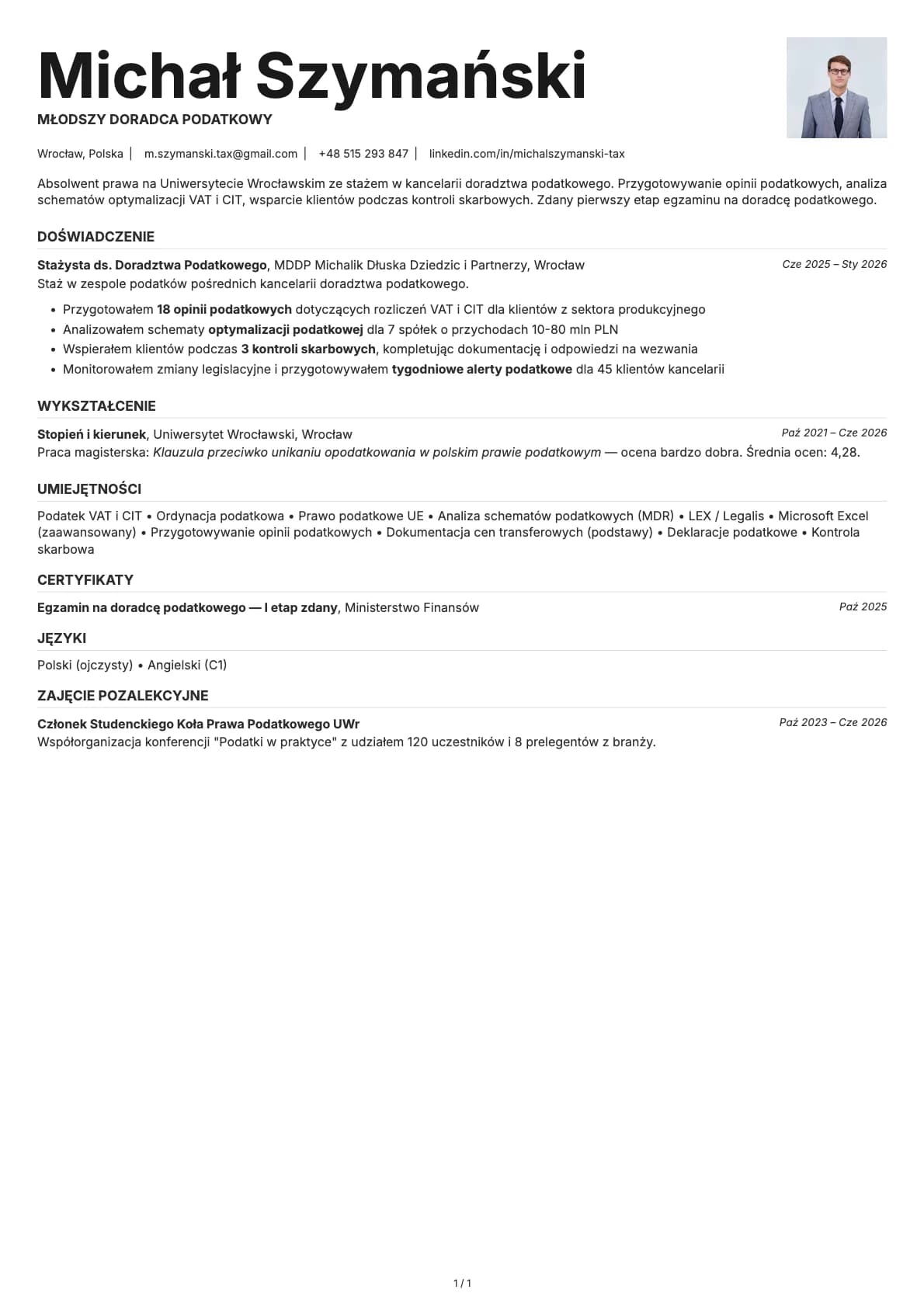 Mlodszy Doradca Podatkowy resume example