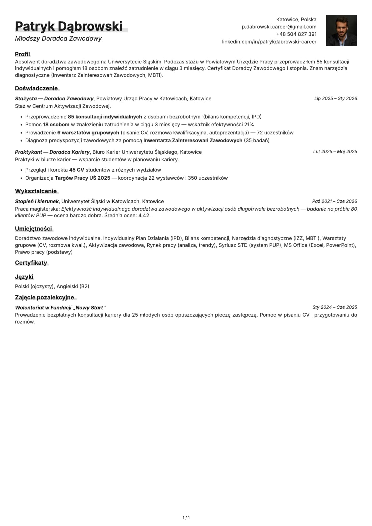 Mlodszy Doradca Zawodowy resume example