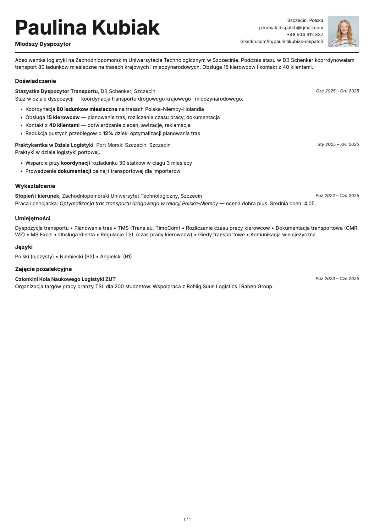 Mlodszy Dyspozytor resume example