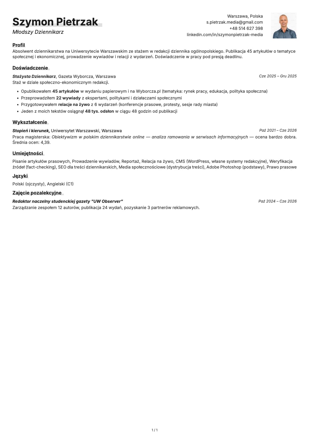 Mlodszy Dziennikarz resume example