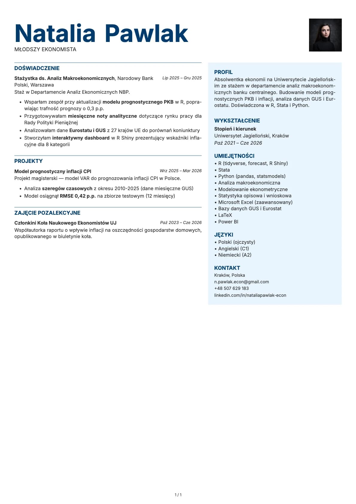Mlodszy Ekonomista resume example