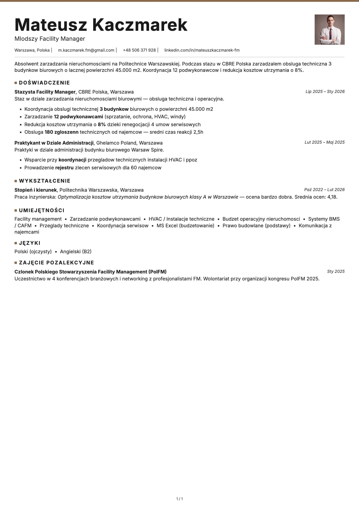Mlodszy Facility Manager resume example