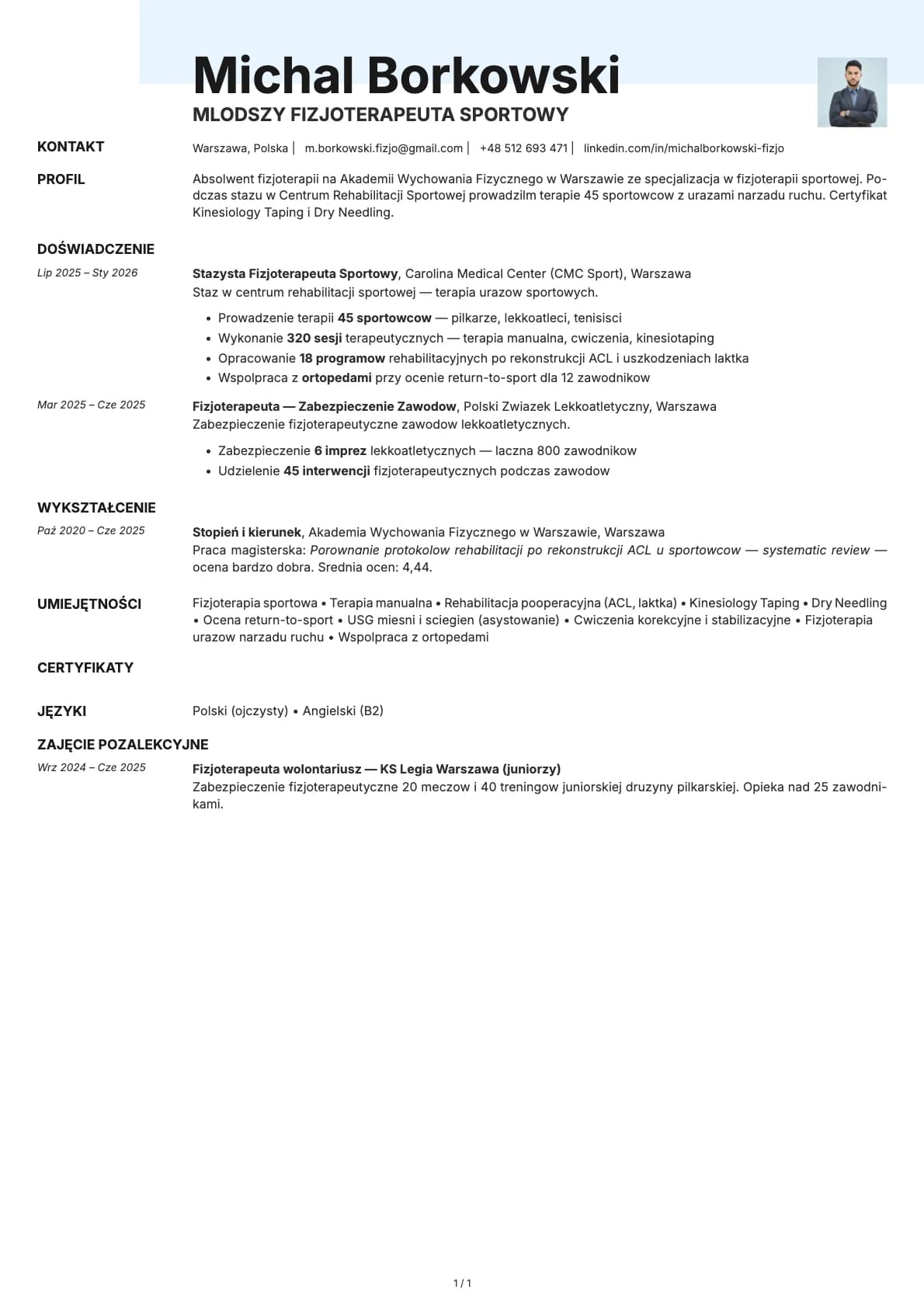 Mlodszy Fizjoterapeuta Sportowy resume example