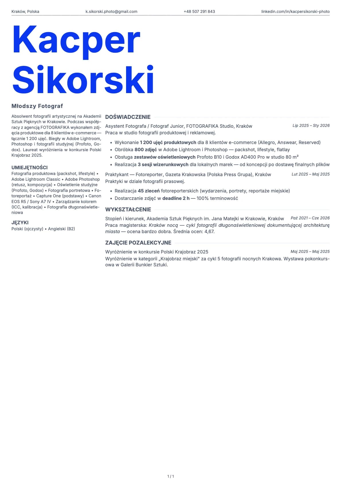 Mlodszy Fotograf resume example