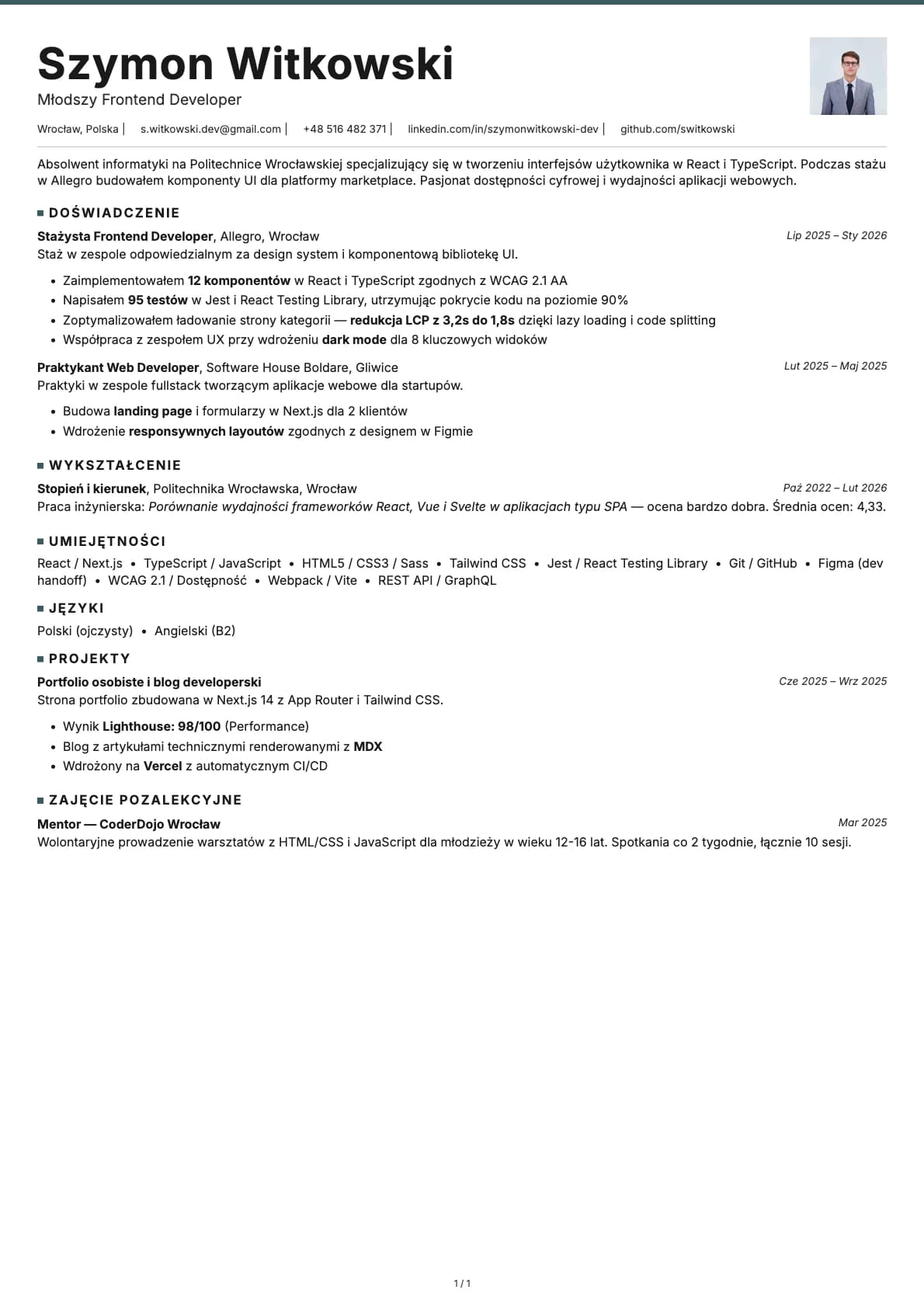Mlodszy Frontend Developer resume example