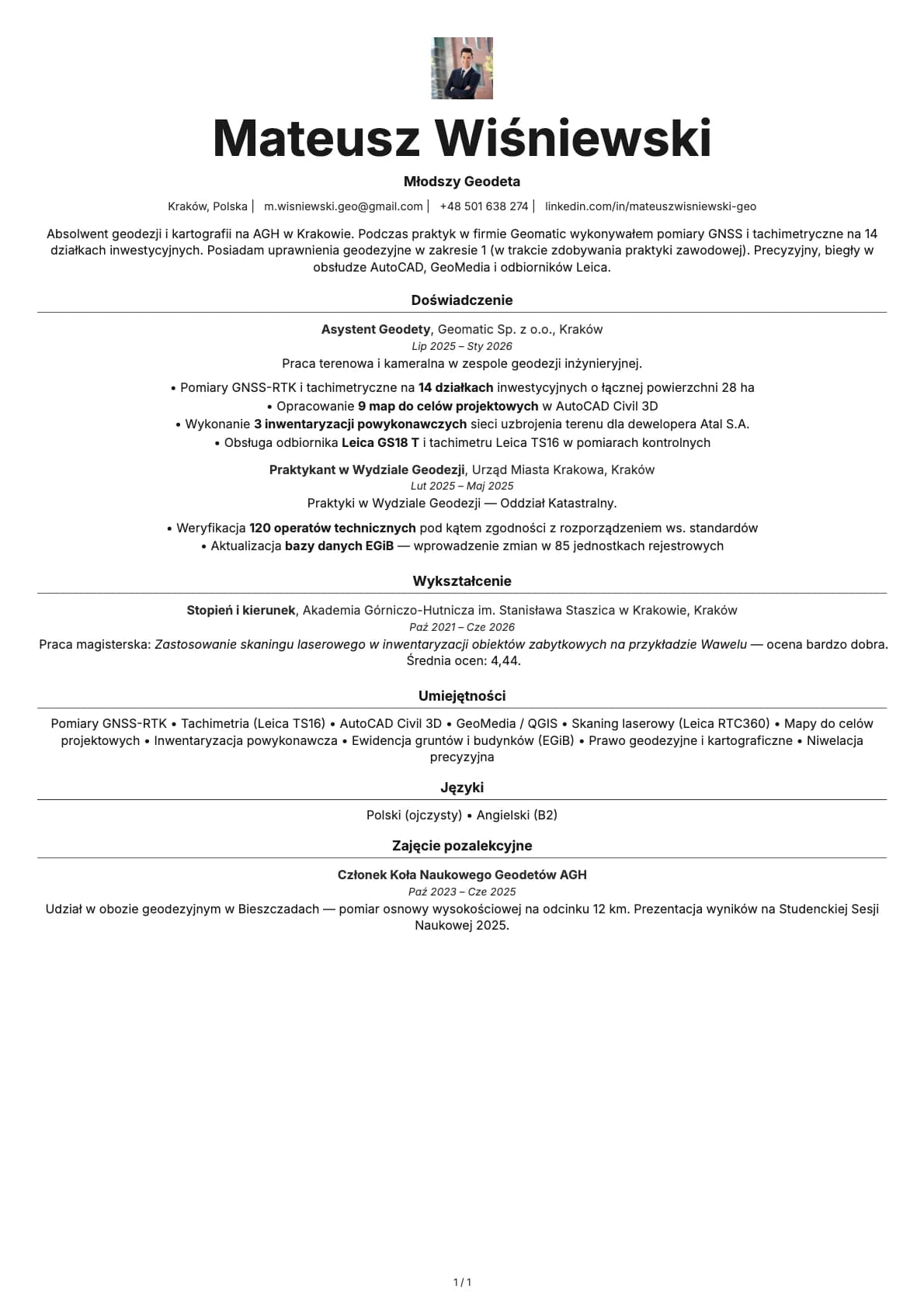Mlodszy Geodeta resume example
