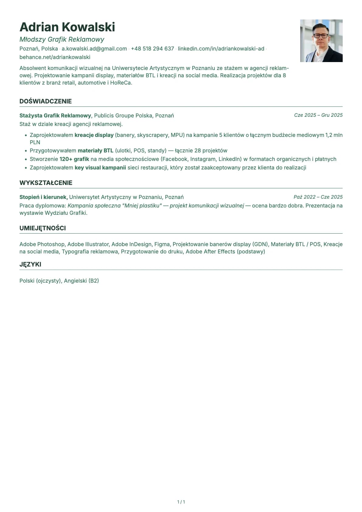Mlodszy Grafik Reklamowy resume example