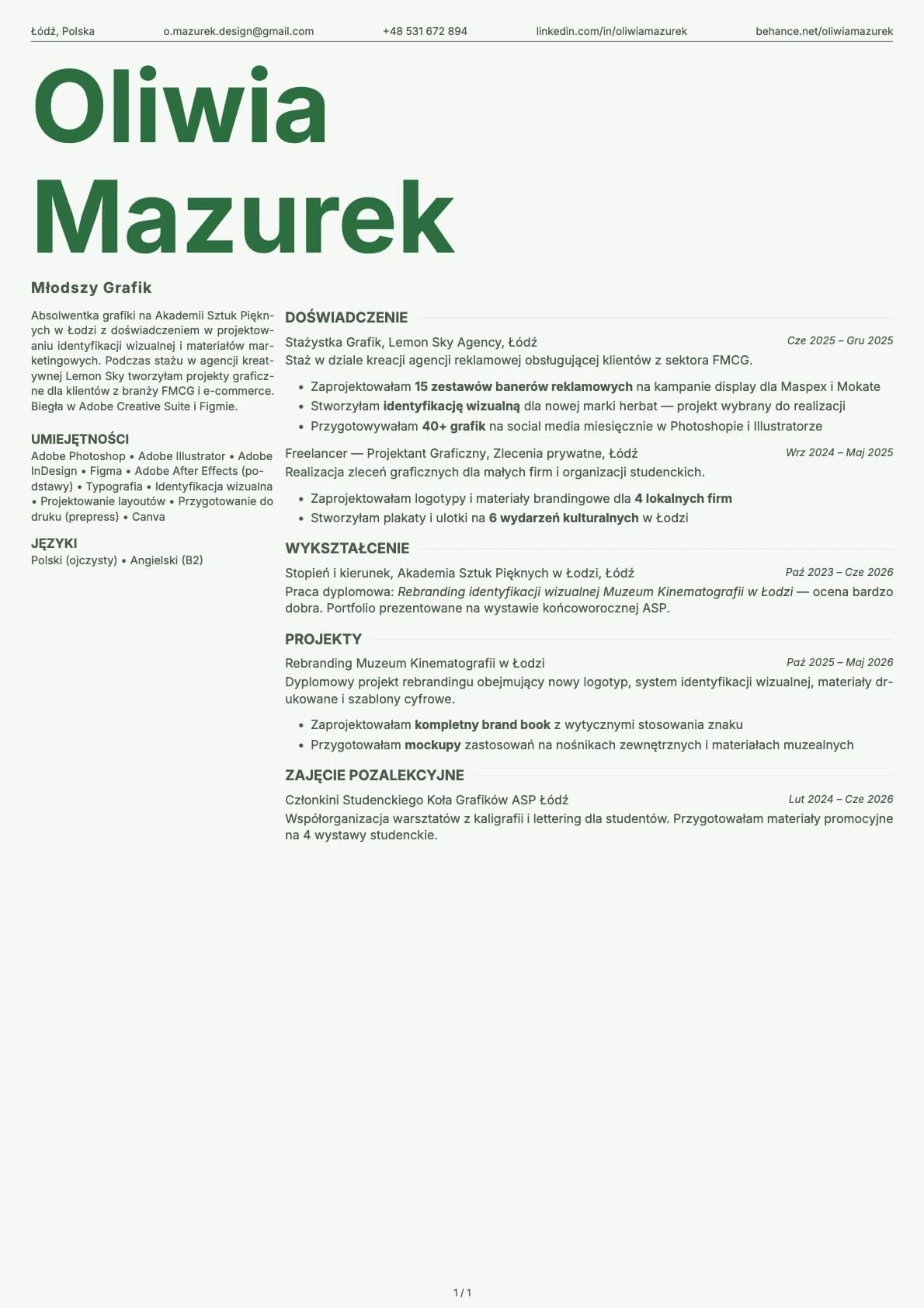 Mlodszy Grafik resume example