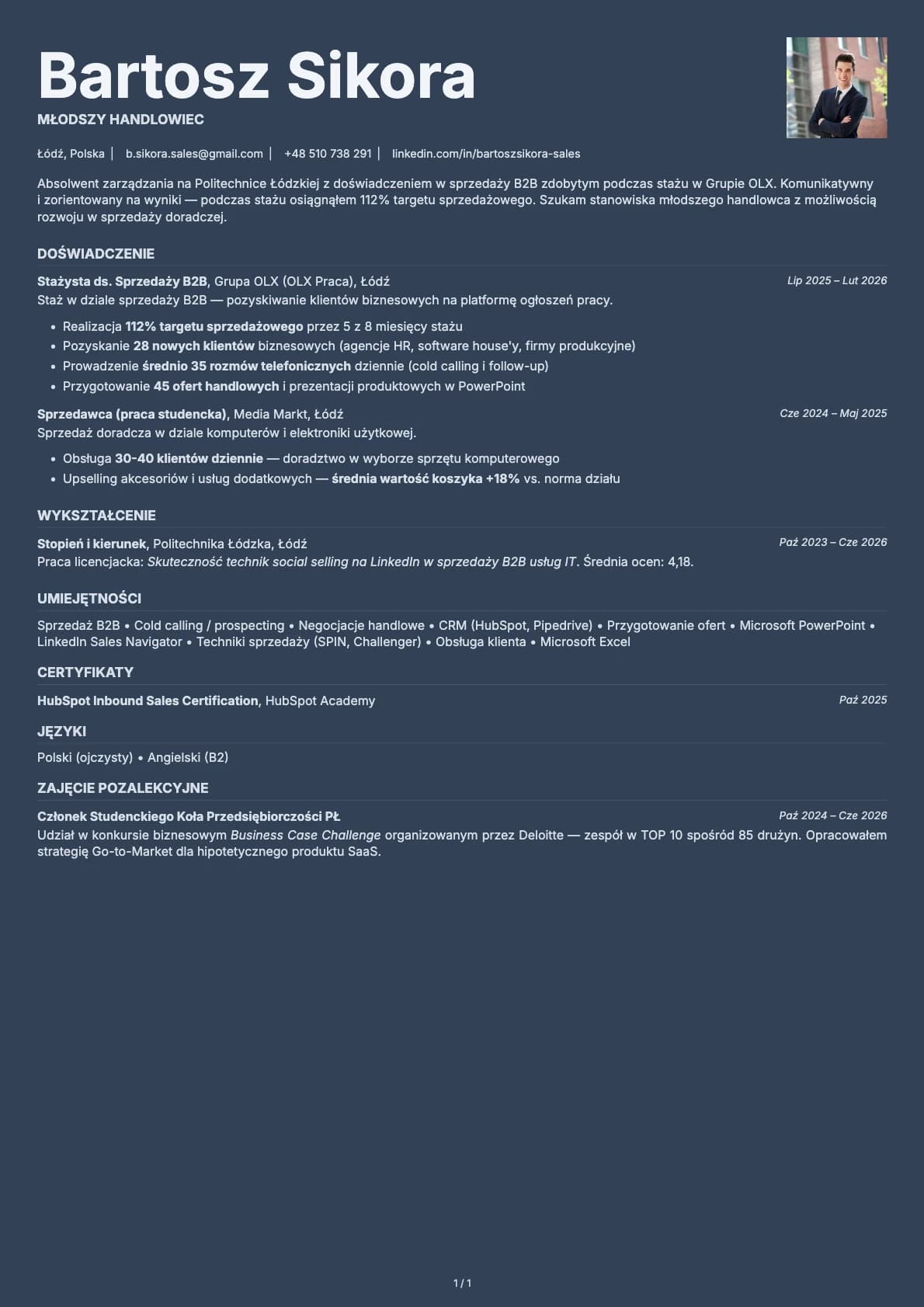 Mlodszy Handlowiec resume example