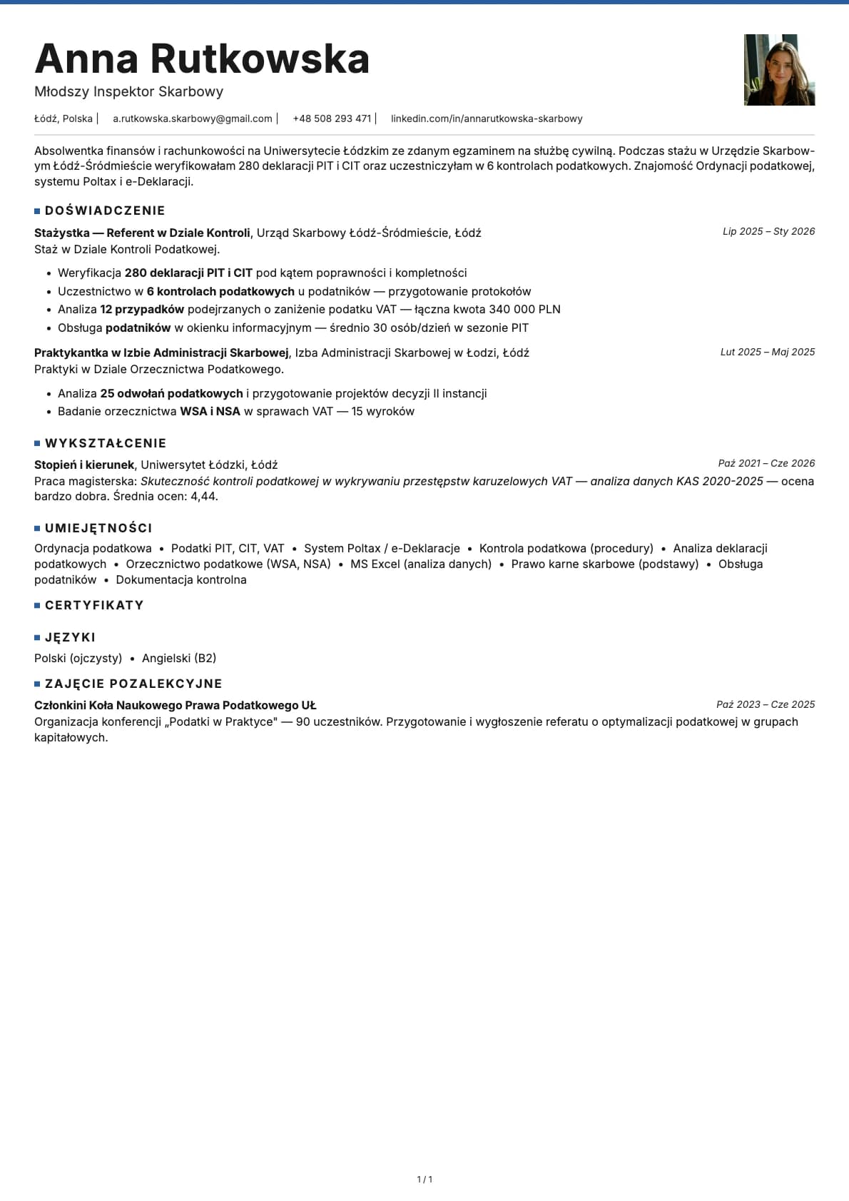 Mlodszy Inspektor Skarbowy resume example