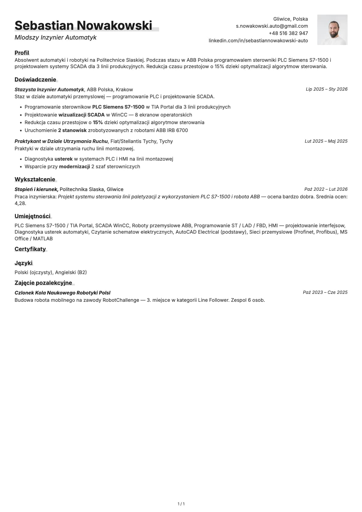 Mlodszy Inzynier Automatyk resume example