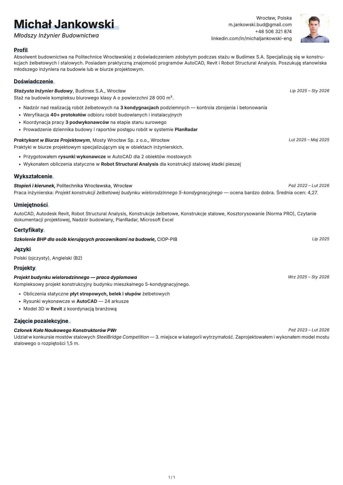 Mlodszy Inzynier Budownictwa resume example