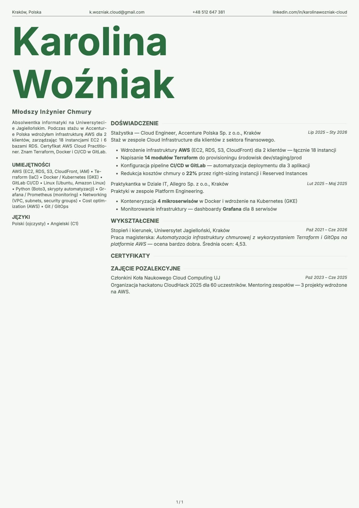 Mlodszy Inzynier Chmury resume example
