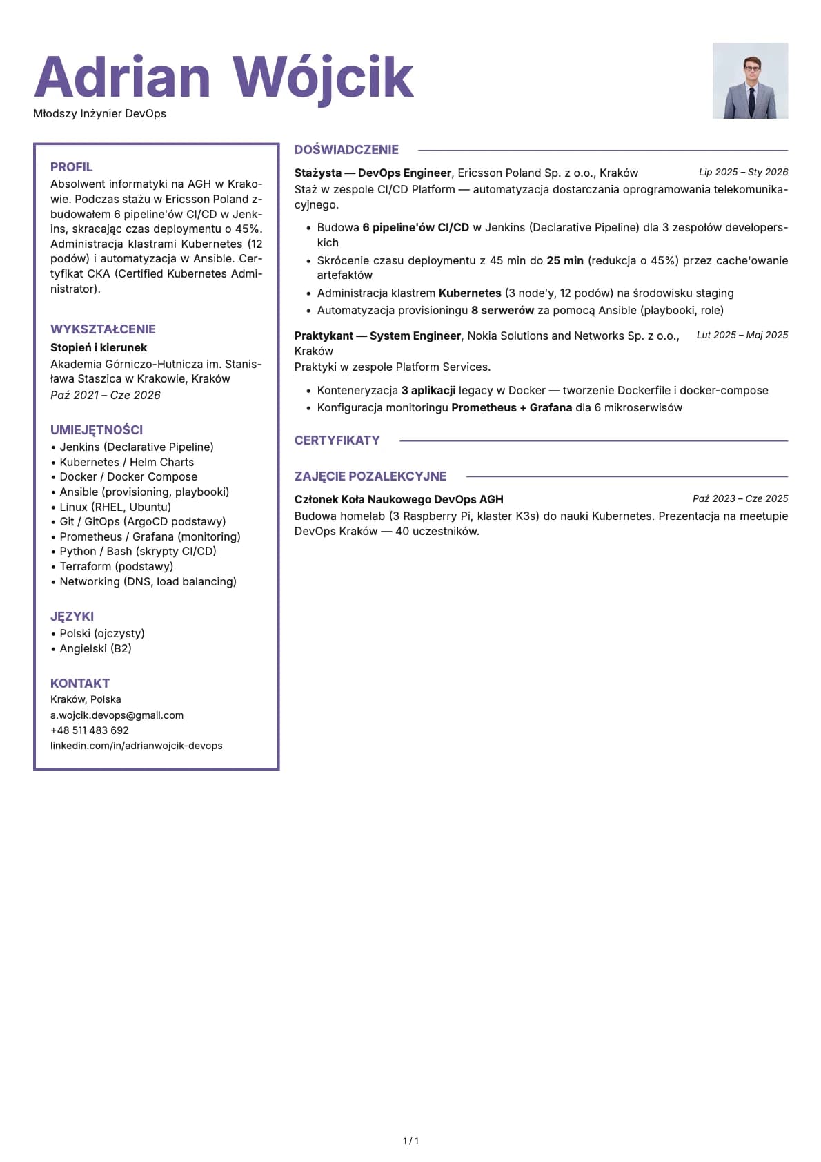 Mlodszy Inzynier DevOps resume example