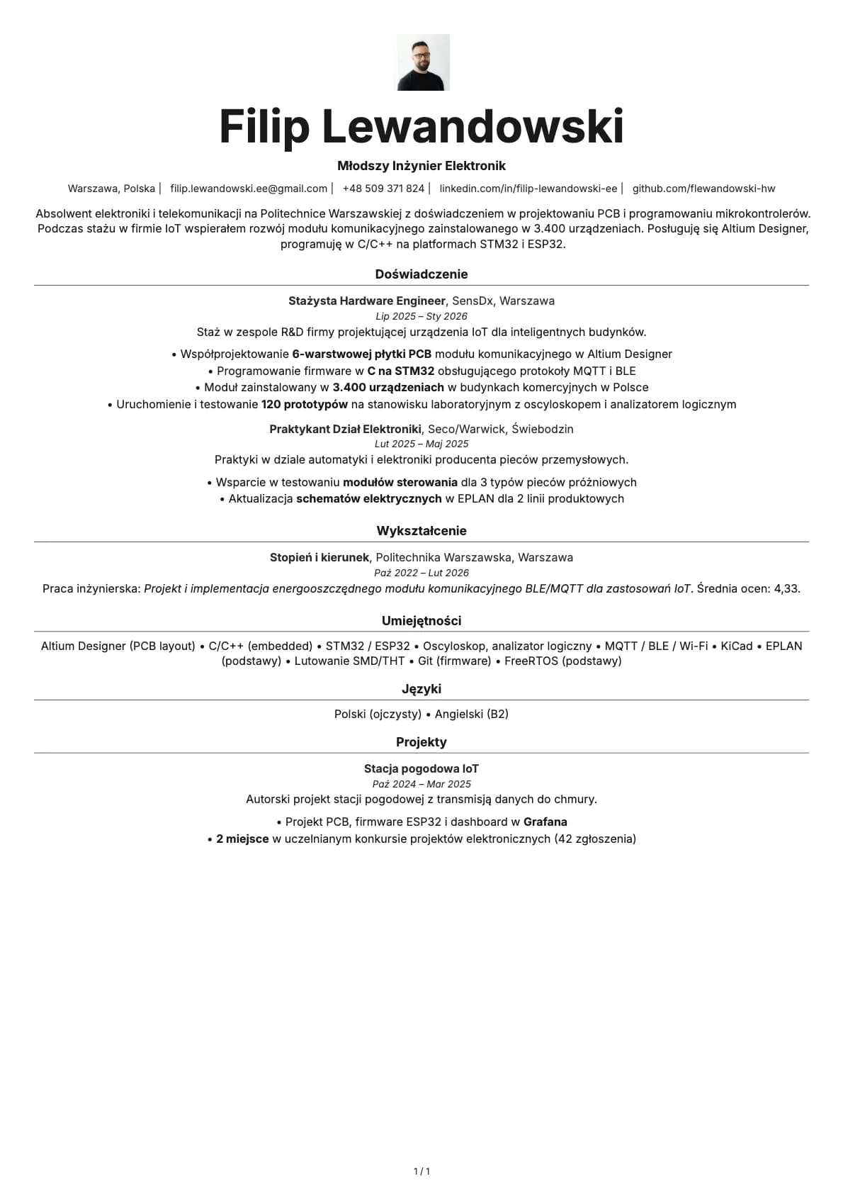 Mlodszy Inzynier Elektronik resume example