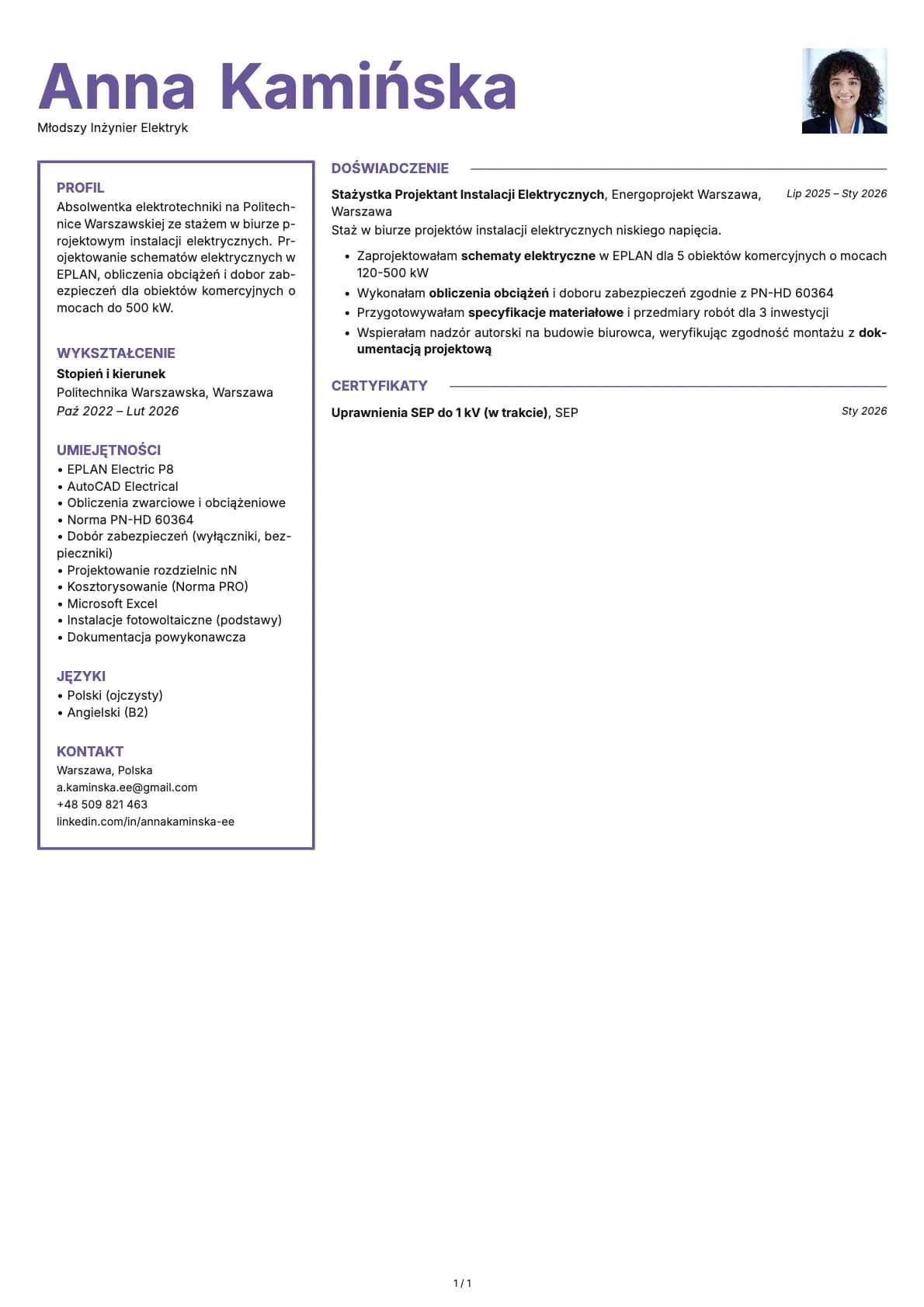 Mlodszy Inzynier Elektryk resume example
