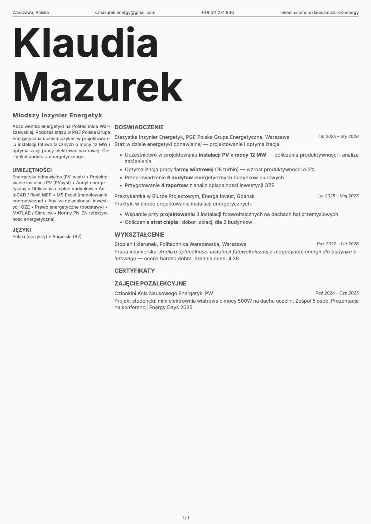 Mlodszy Inzynier Energetyk resume example