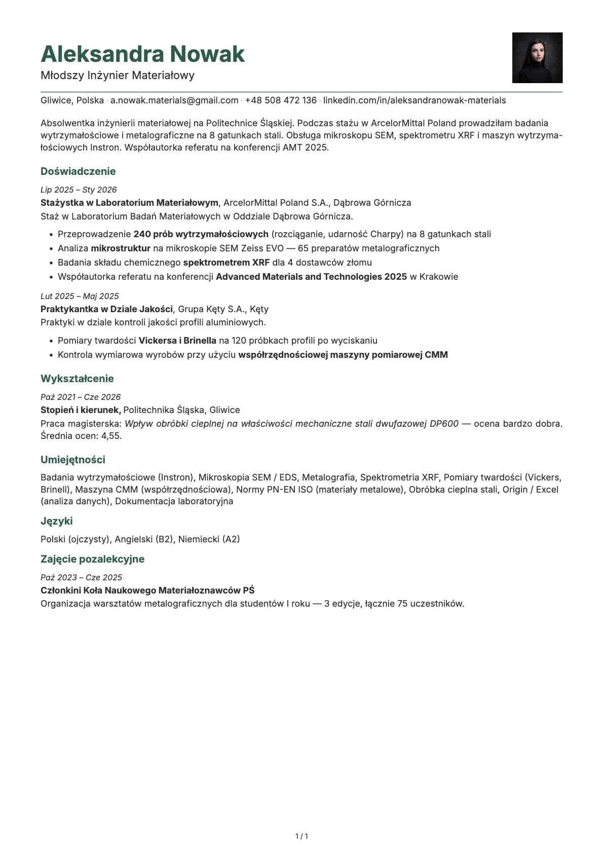 Mlodszy Inzynier Materialowy resume example