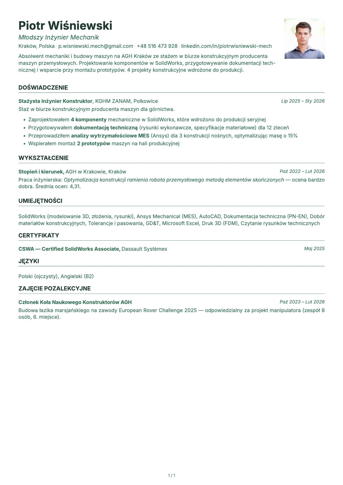 Mlodszy Inzynier Mechanik resume example