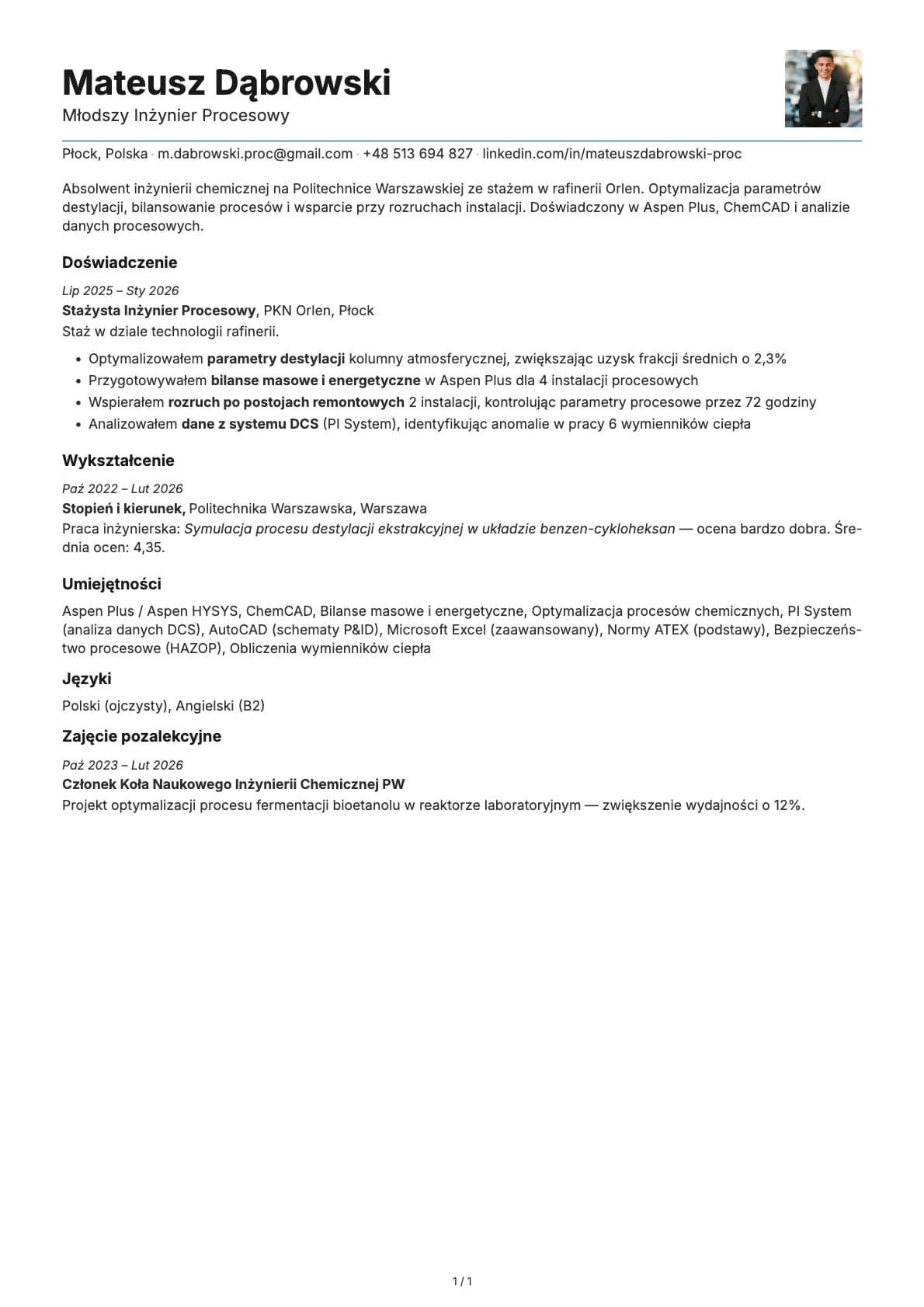 Mlodszy Inzynier Procesowy resume example