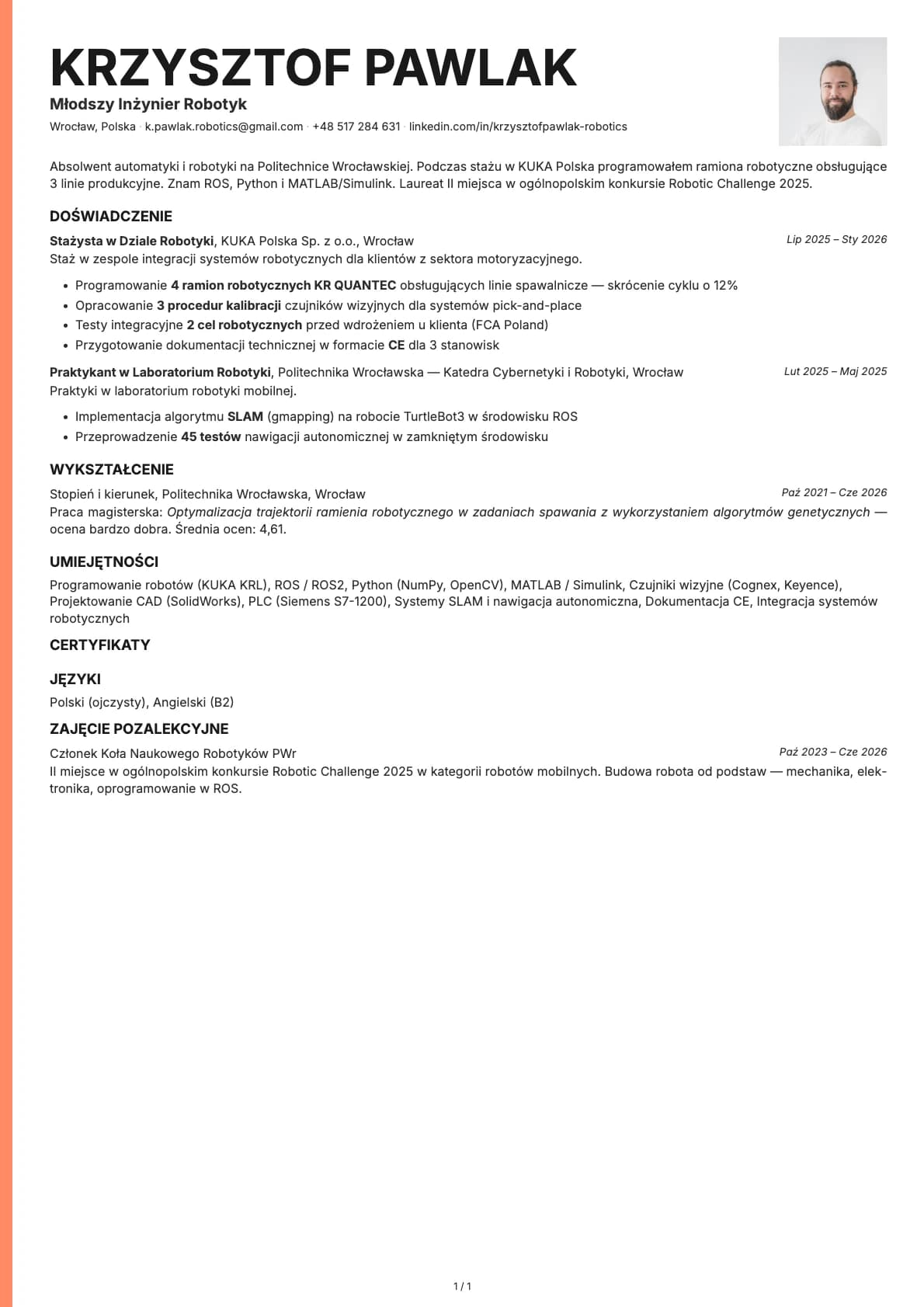 Mlodszy Inzynier Robotyk resume example