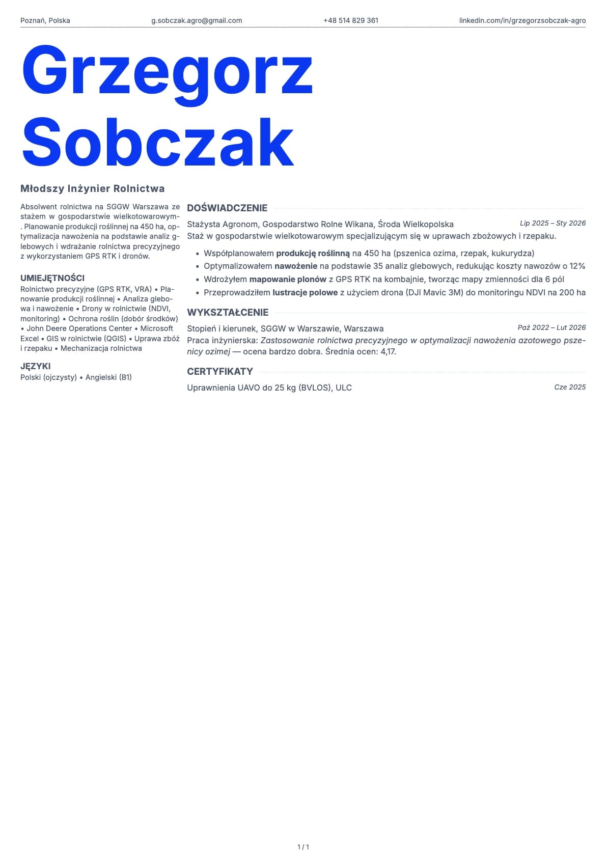 Mlodszy Inzynier Rolnictwa resume example