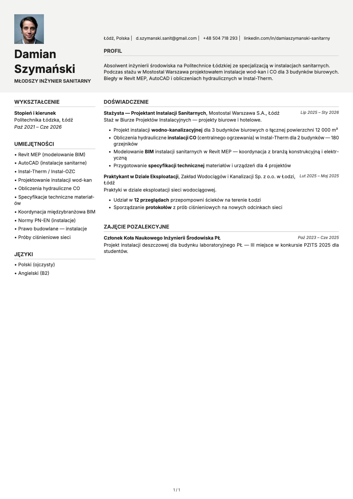 Mlodszy Inzynier Sanitarny resume example