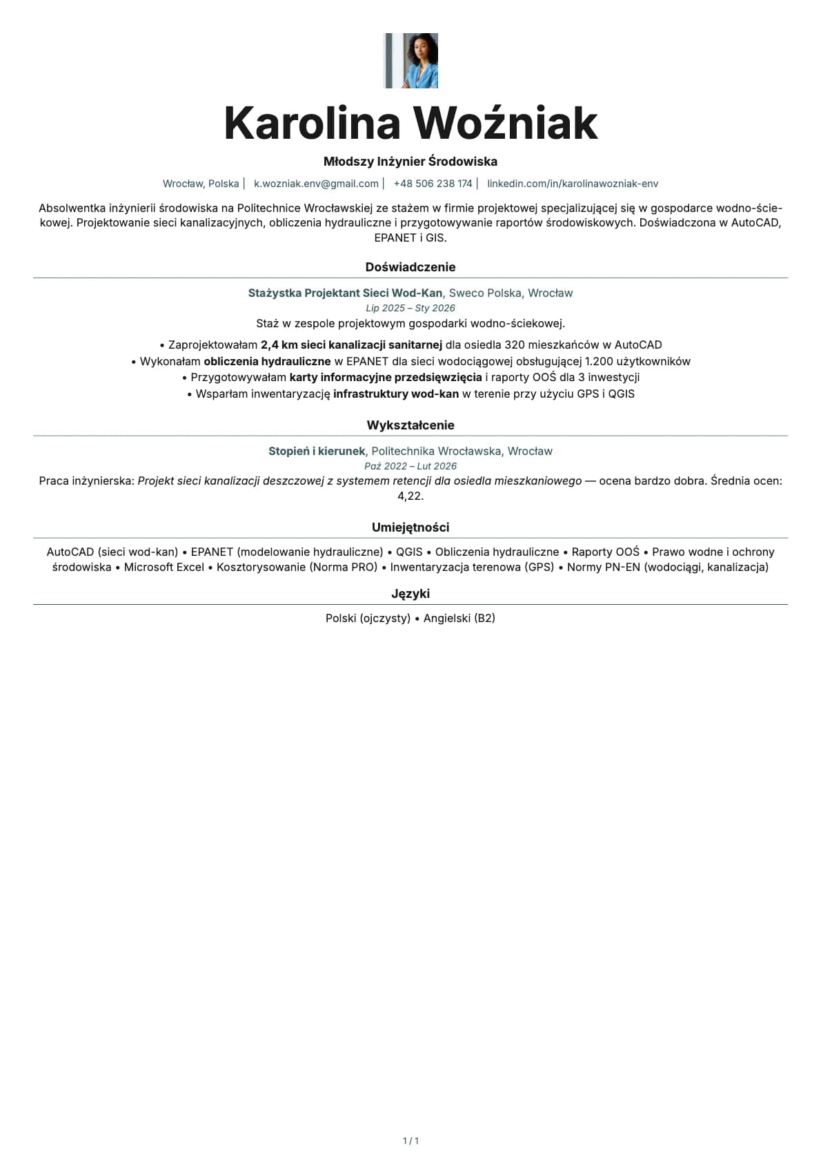 Mlodszy Inzynier Srodowiska resume example