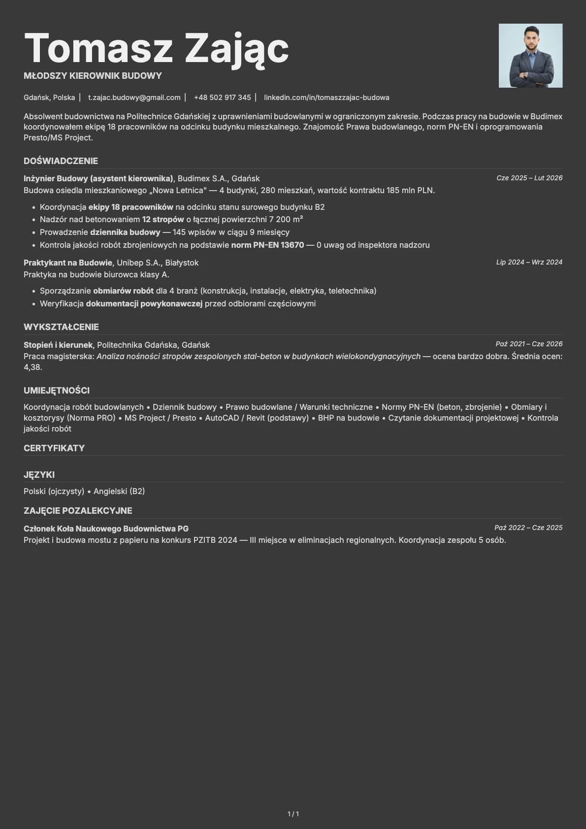 Mlodszy Kierownik Budowy resume example
