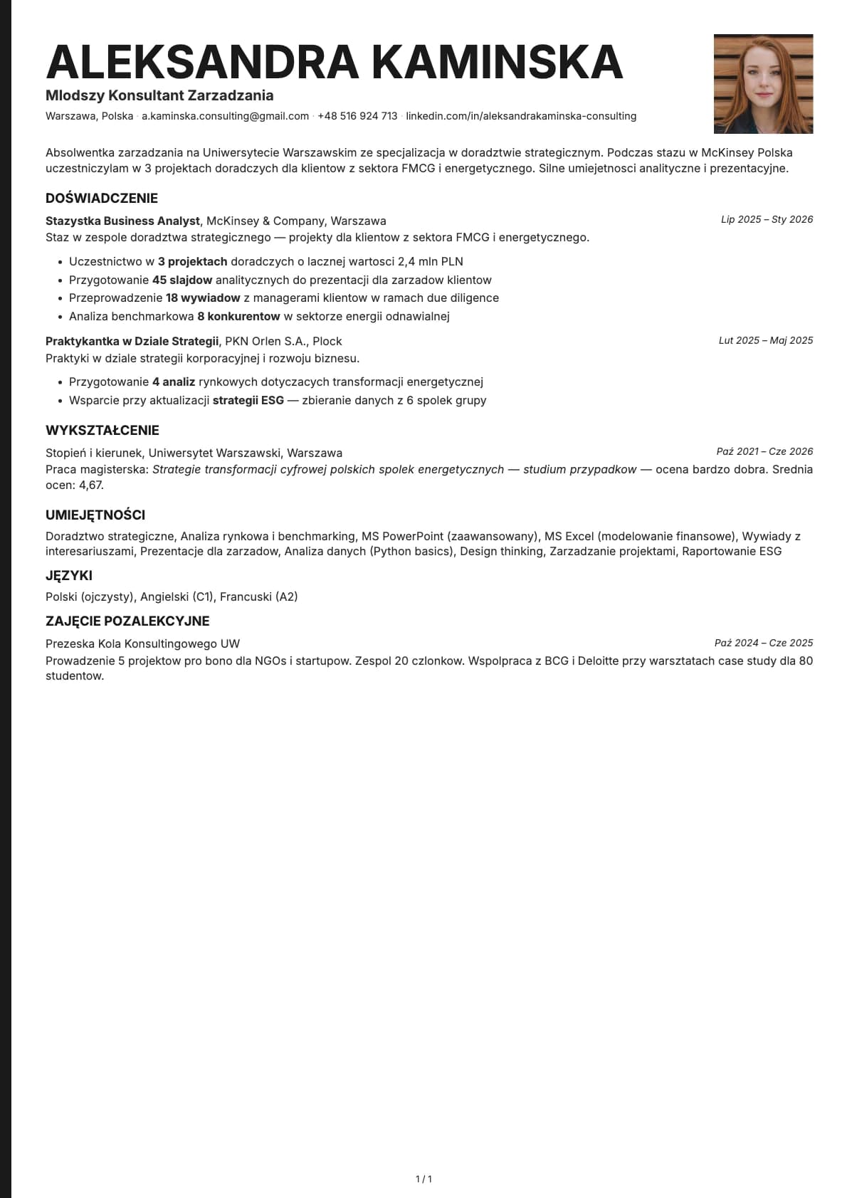 Mlodszy Konsultant Zarzadzania resume example