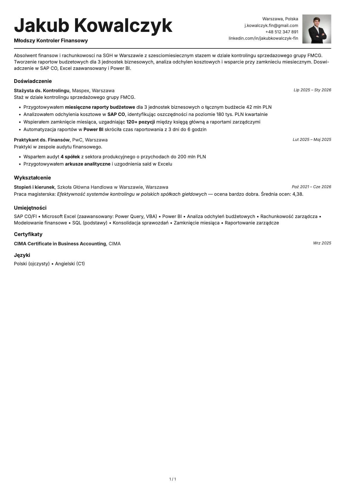 Mlodszy Kontroler Finansowy resume example