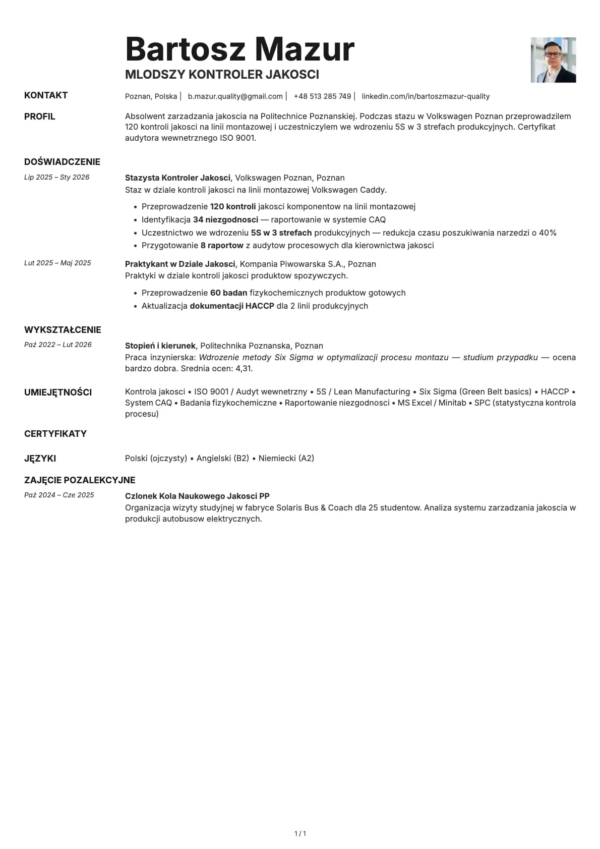 Mlodszy Kontroler Jakosci resume example