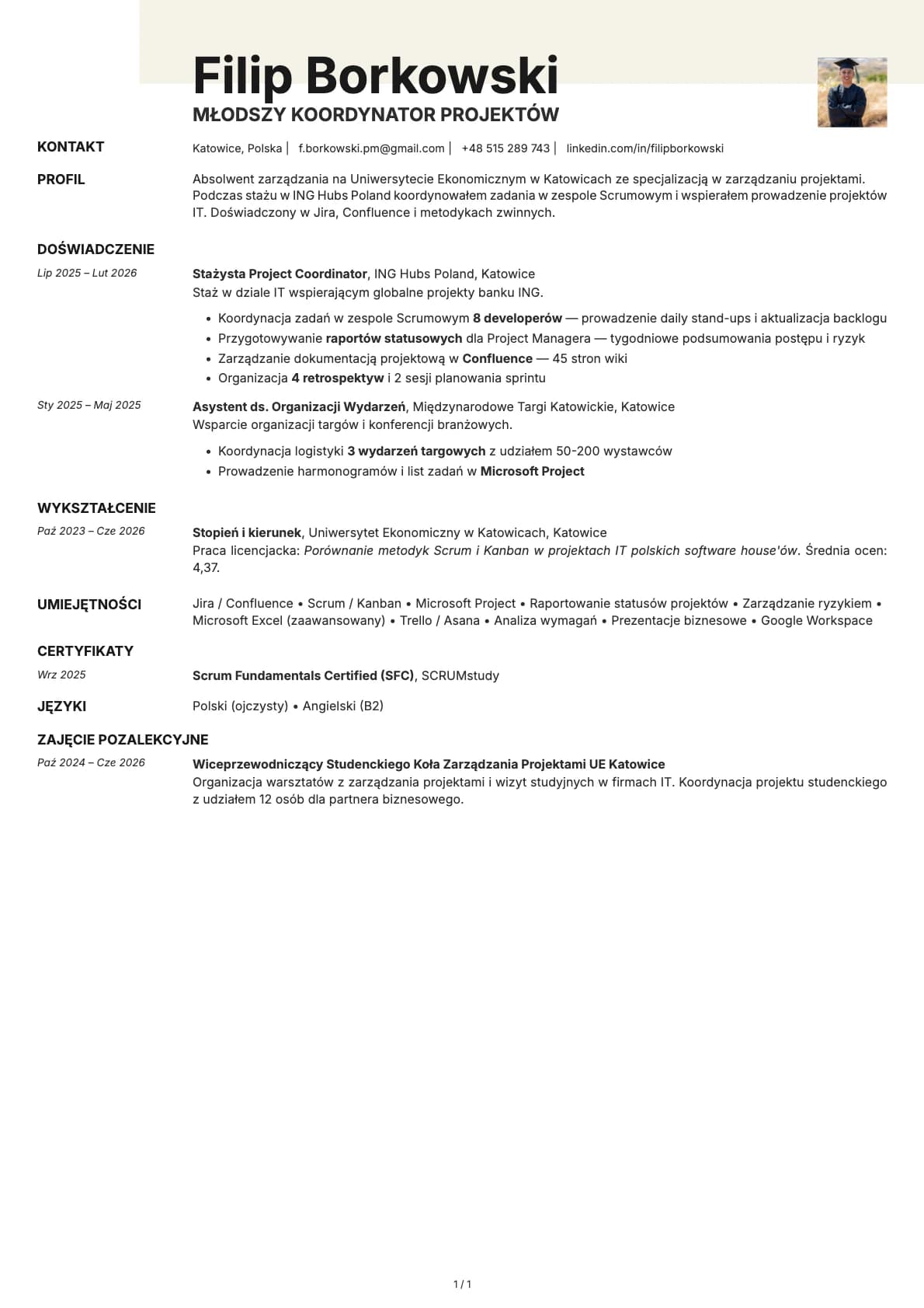 Mlodszy Koordynator Projektow resume example